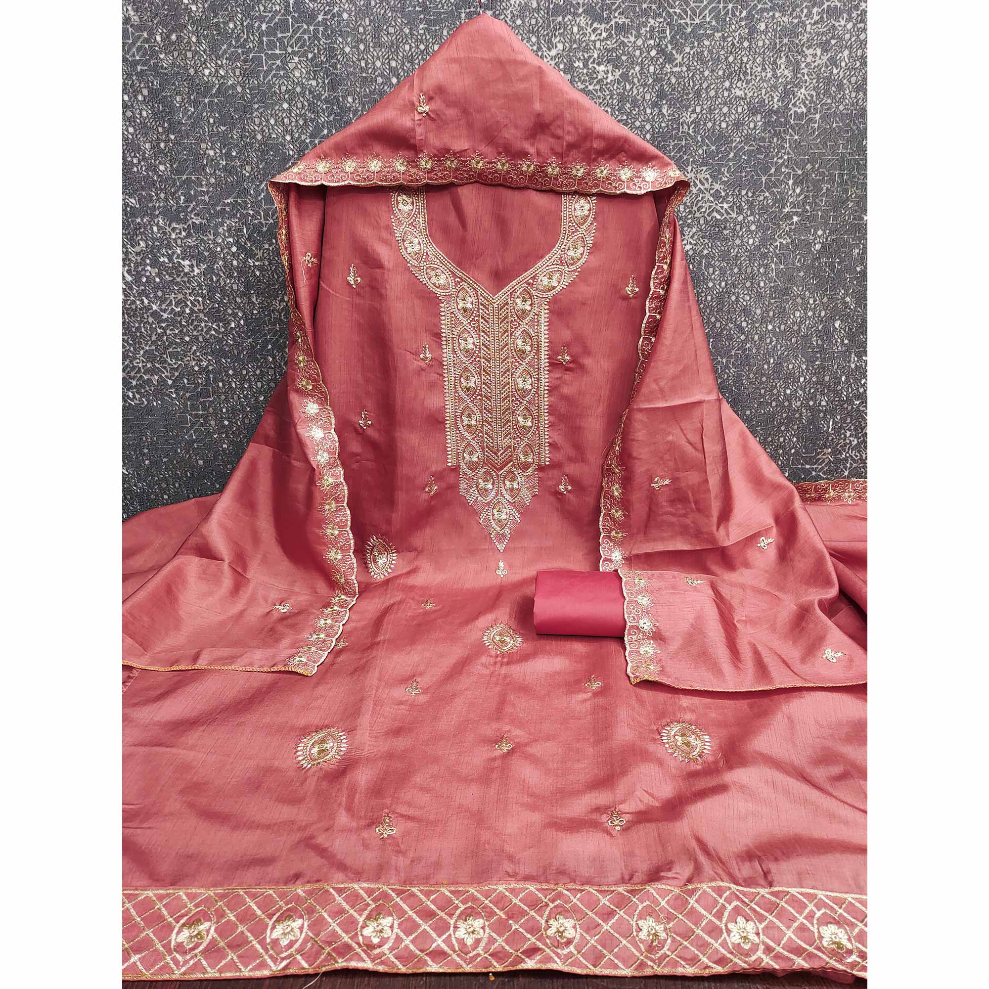 Pink Dress Material In Cotton Blend Featuring Exquisite Floral Embroidery