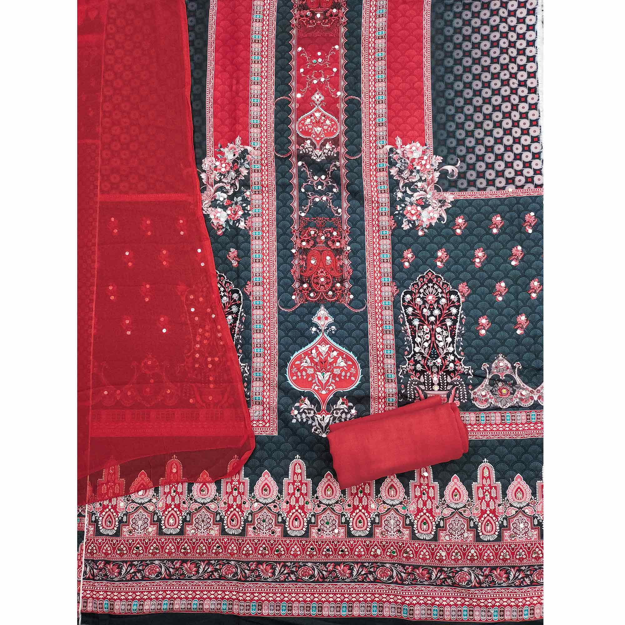 Stylish Teal Floral Digital Printed Rayon Dress Material Adorned With Mirror Embellishments