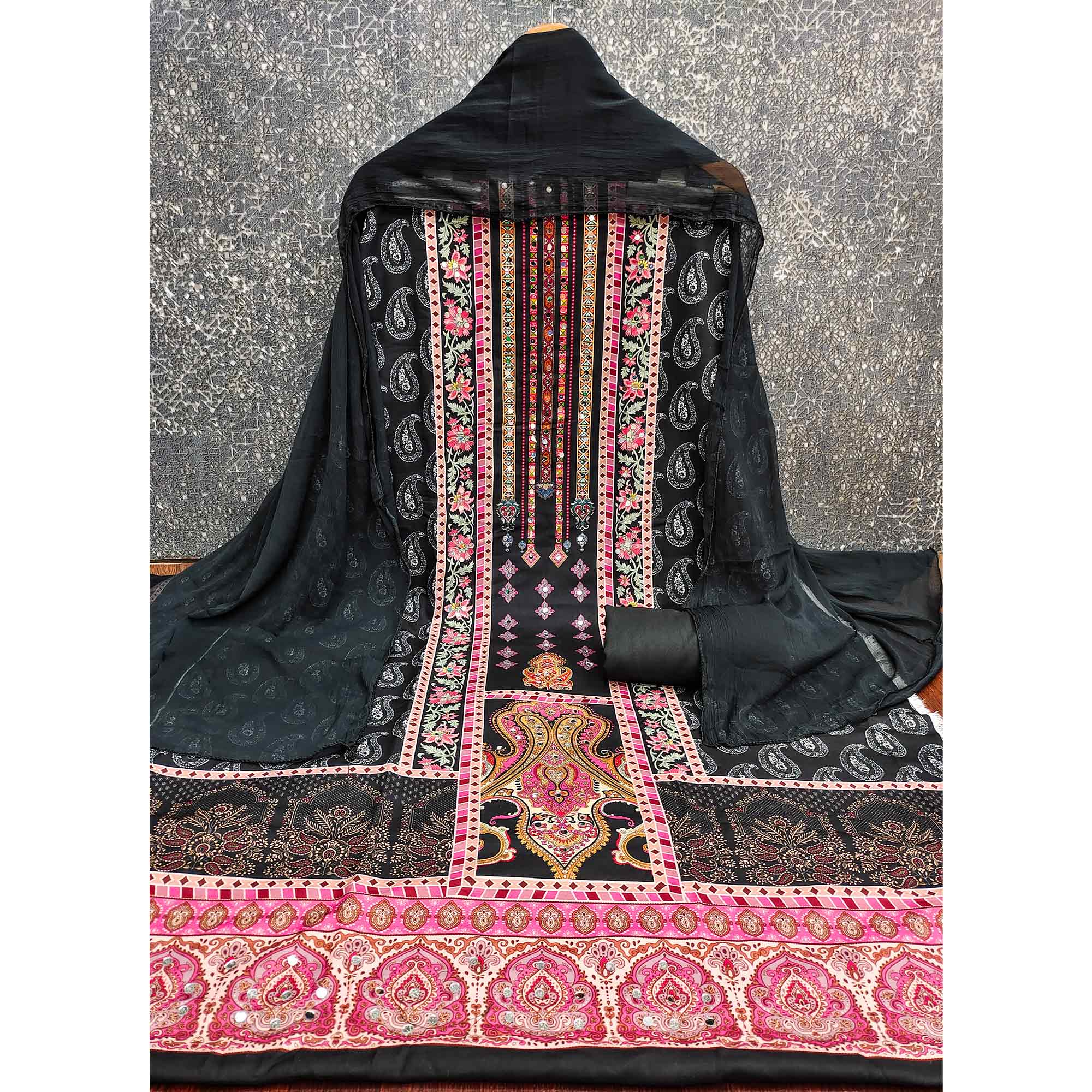 Black Paisley & Floral Digital Printed Rayon Dress Material With Intricate Mirror Work