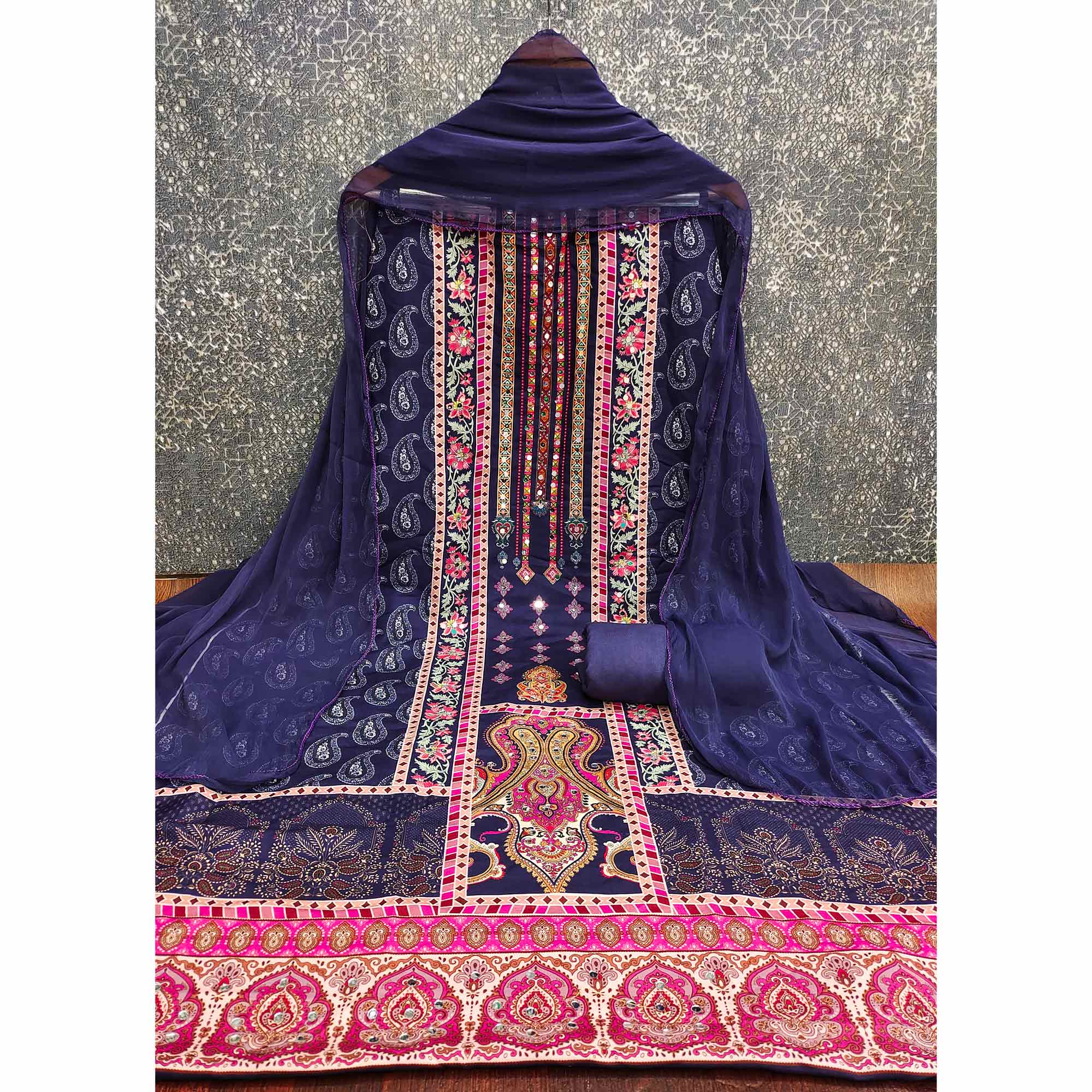 Blue Paisley & Floral Digital Printed Rayon Dress Material With Intricate Mirror Work