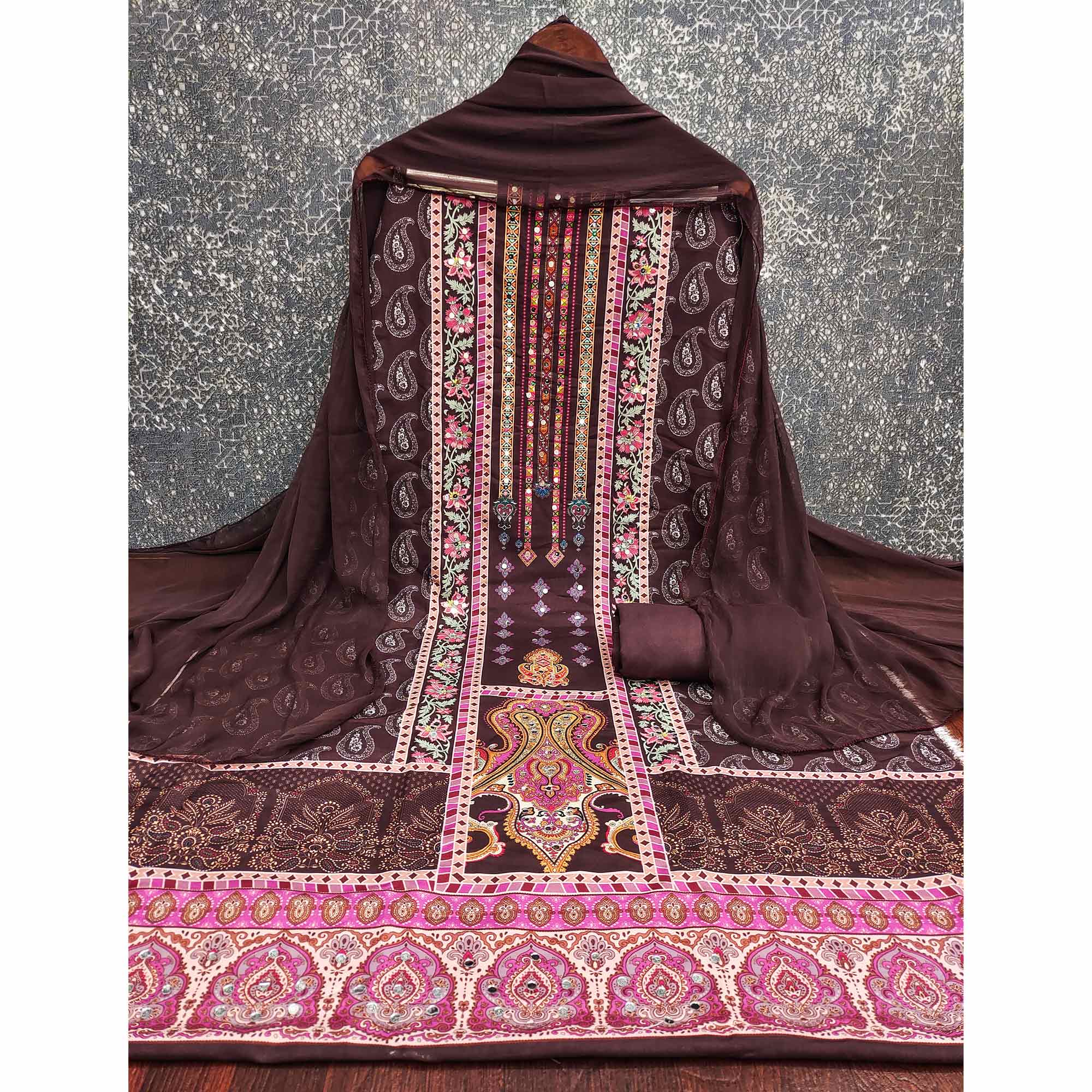 Dark Brown Paisley & Floral Digital Printed Rayon Dress Material With Intricate Mirror Work
