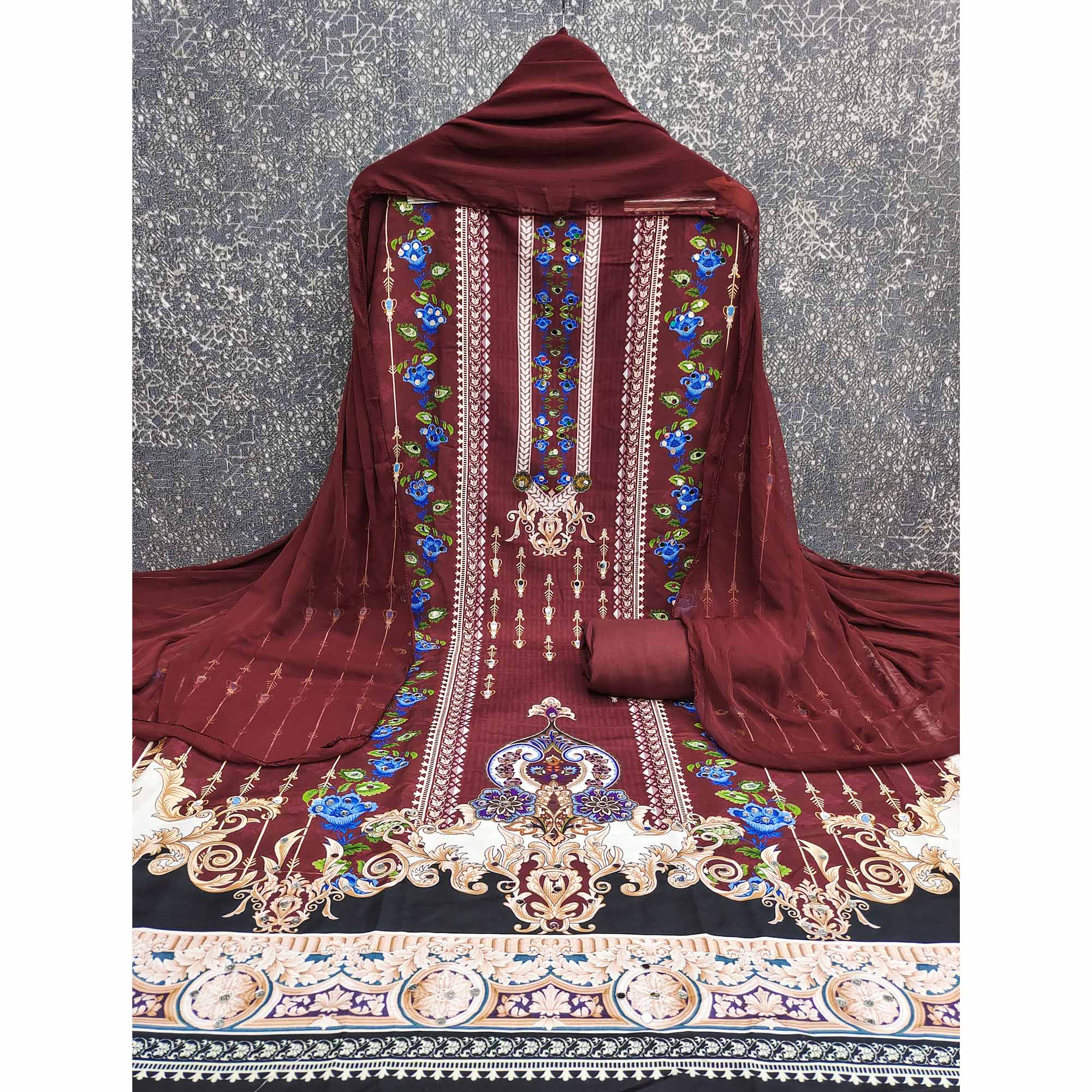 Dark Maroon Floral Digital Printed Rayon Dress Material Highlighted With Mirror Work