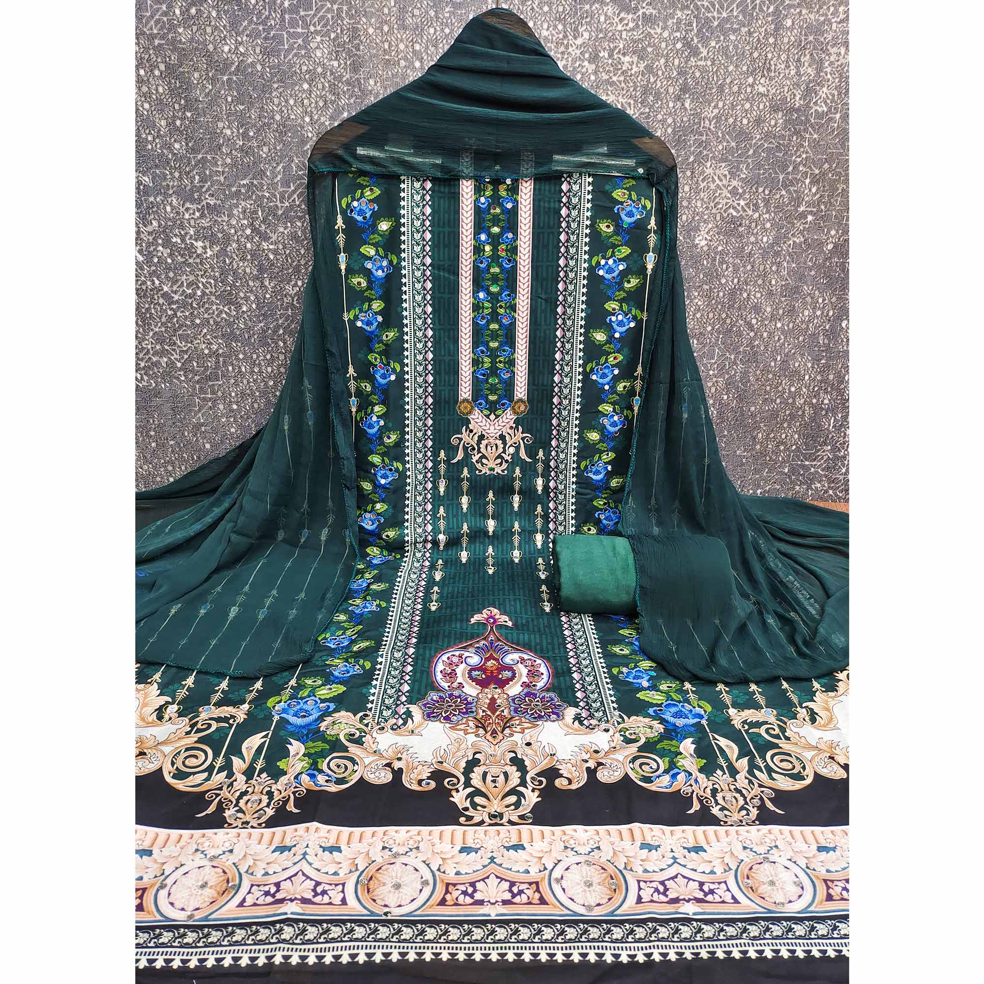 Green Floral Digital Printed Rayon Dress Material Highlighted With Mirror Work