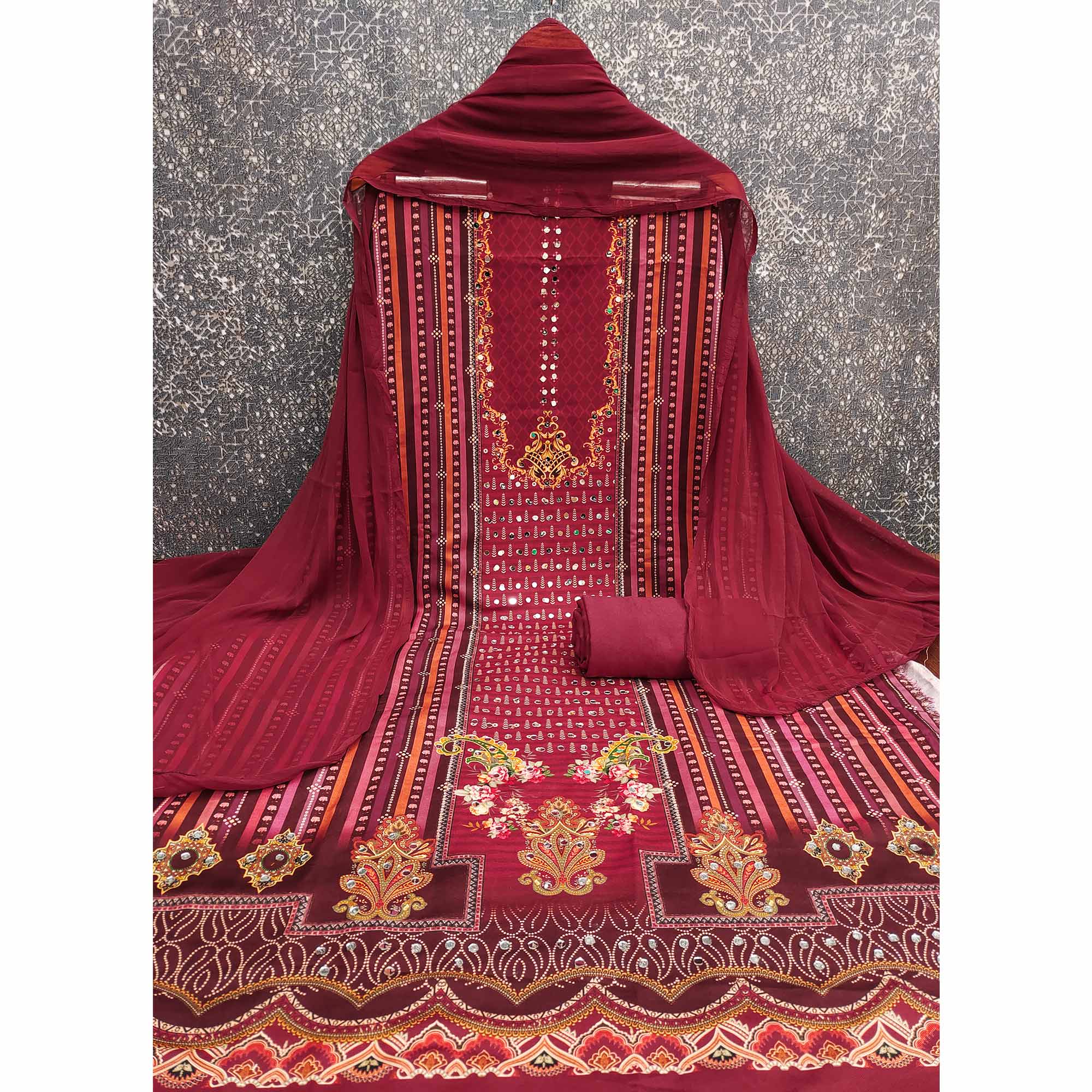 Maroon Rayon Dress Material With Floral Digital Print & Sparkling Mirror Accents
