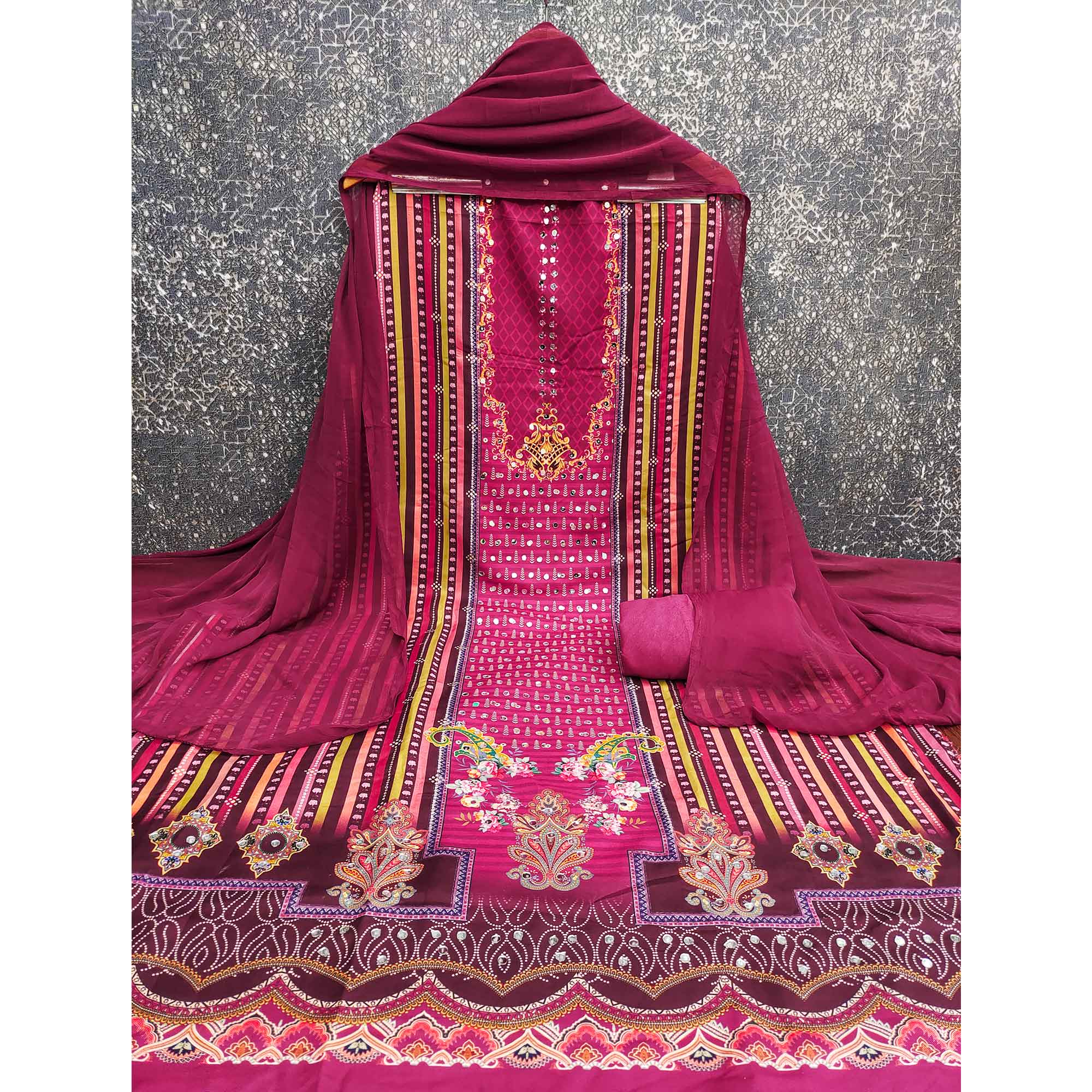 Pink Rayon Dress Material With Floral Digital Print & Sparkling Mirror Accents