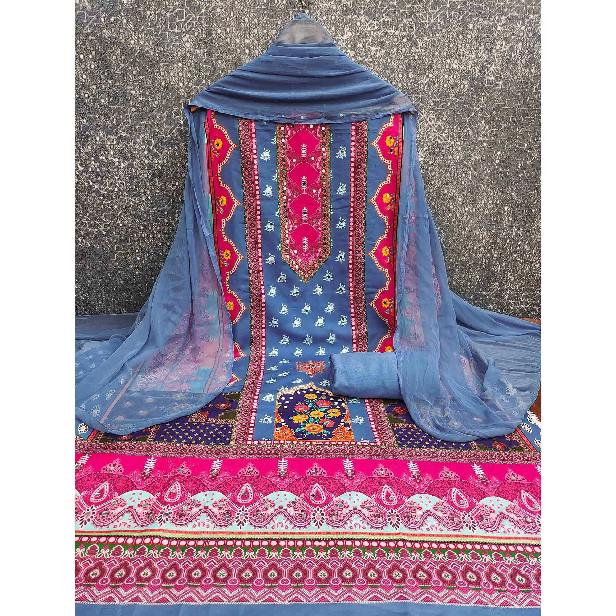 Blue Floral Digital Printed Rayon Dress Material Enhanced With Mirror Work