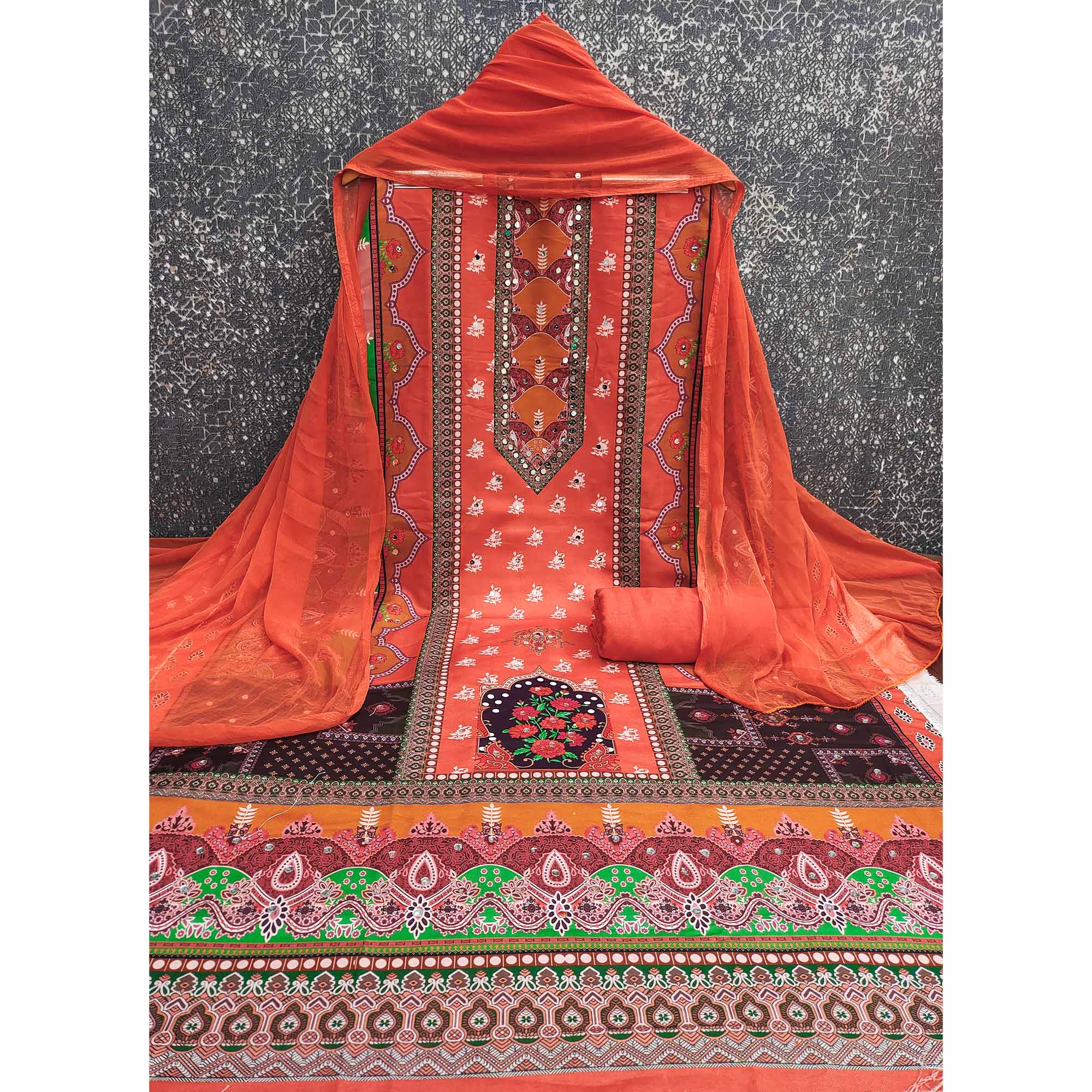 Orange Floral Digital Printed Rayon Dress Material Enhanced With Mirror Work