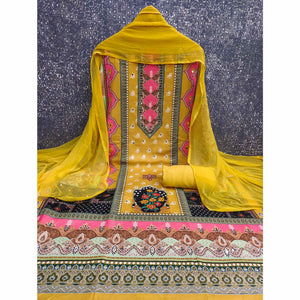Yellow Floral Digital Printed Rayon Dress Material Enhanced With Mirror Work