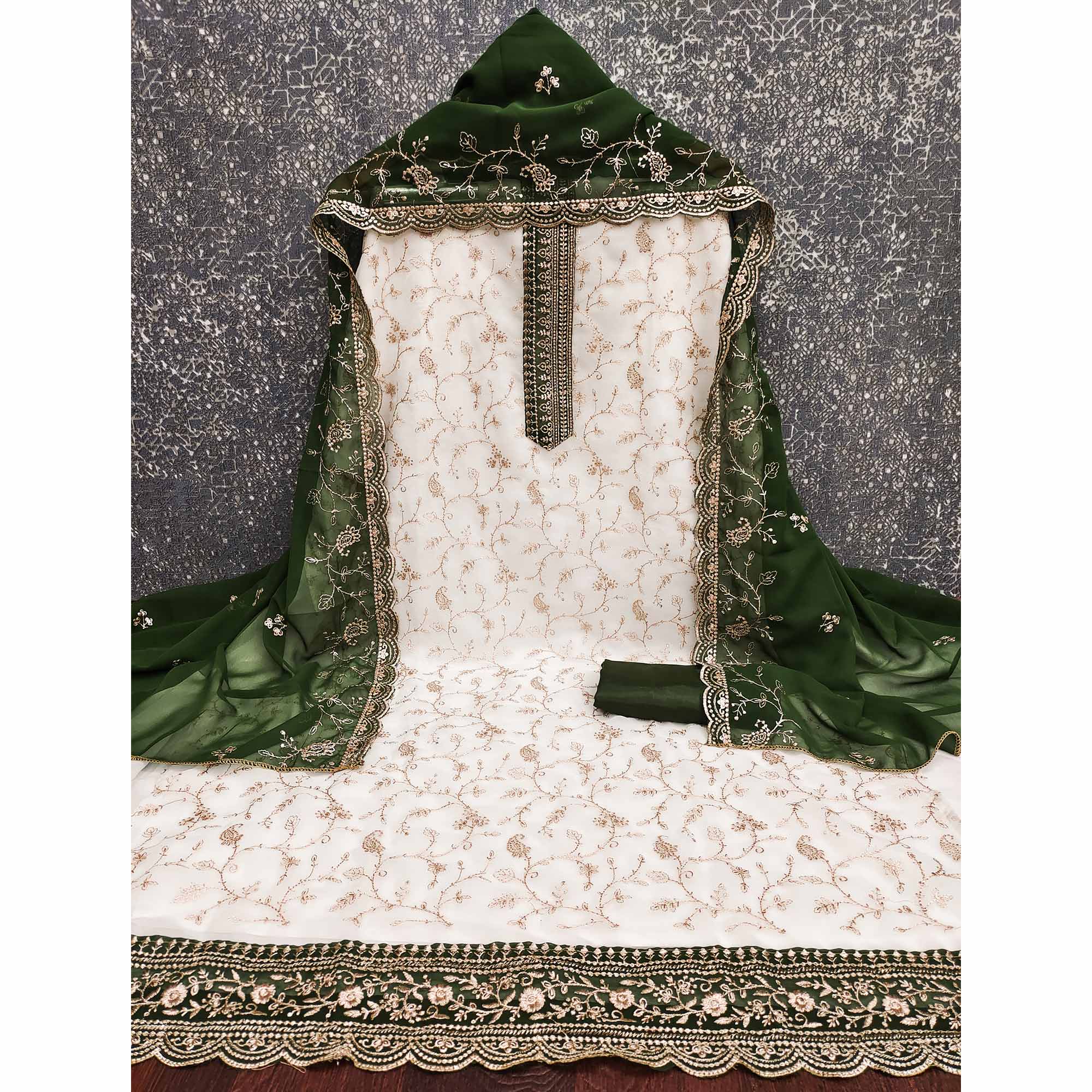 White & Green Georgette Dress Material Showcasing Elegant Floral Thread Embroidery Work