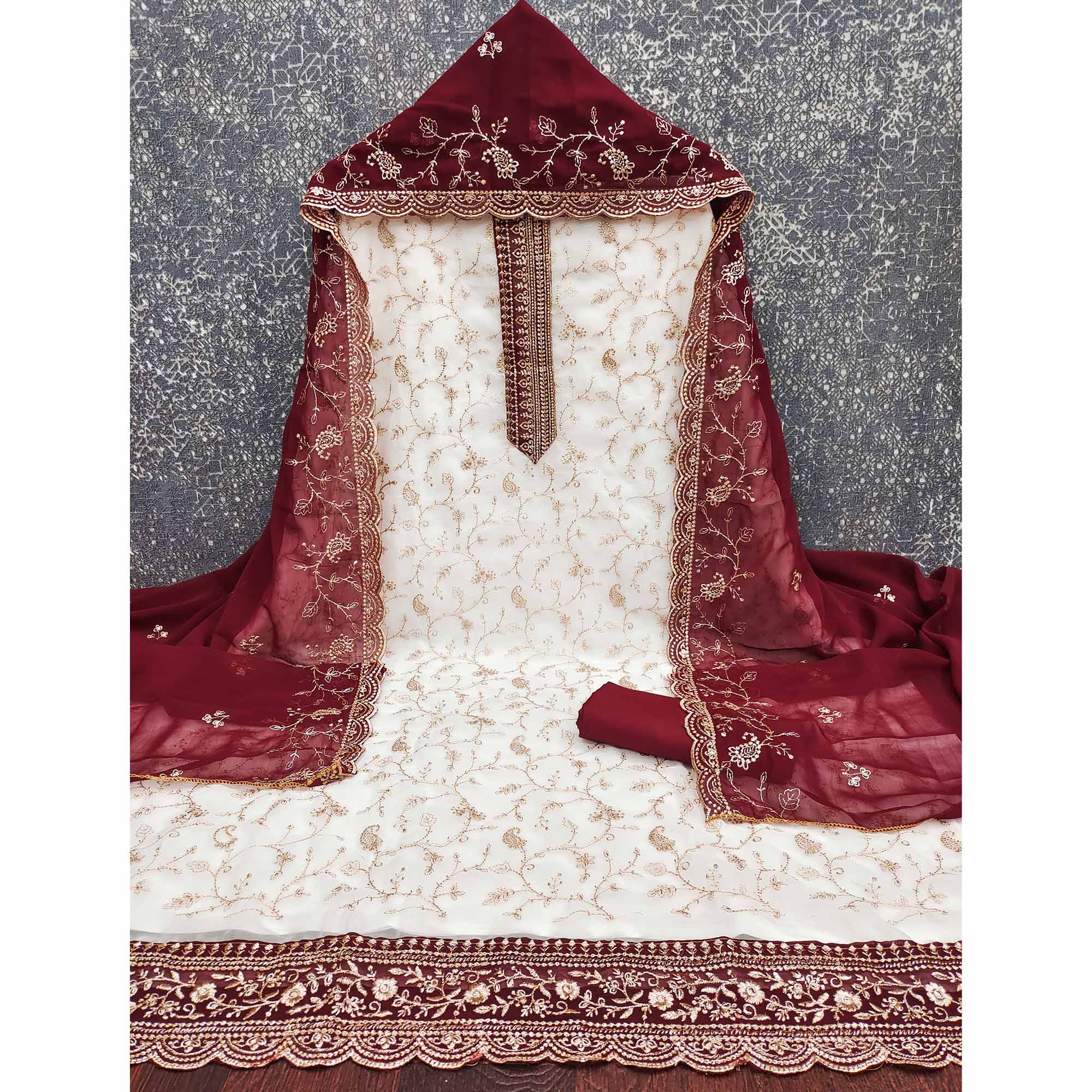 White & Maroon Georgette Dress Material Showcasing Elegant Floral Thread Embroidery Work