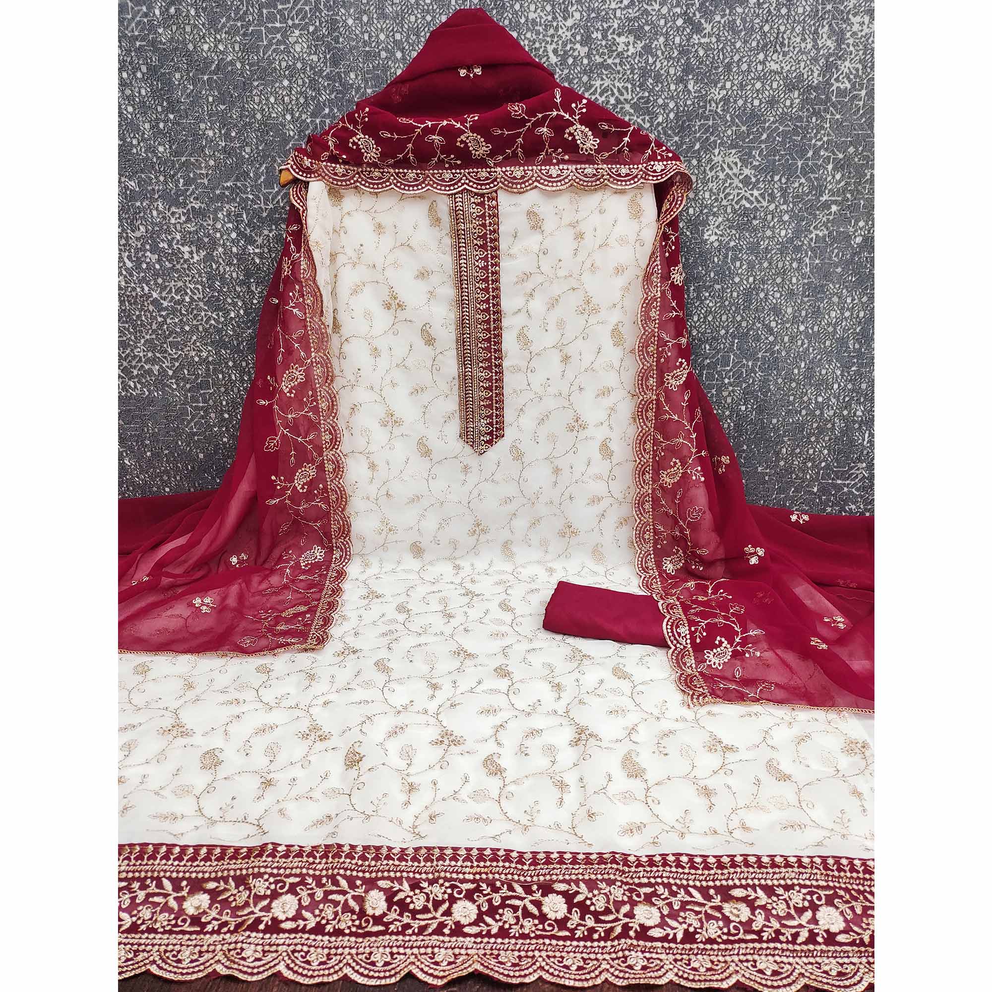 White & Pink Georgette Dress Material Showcasing Elegant Floral Thread Embroidery Work