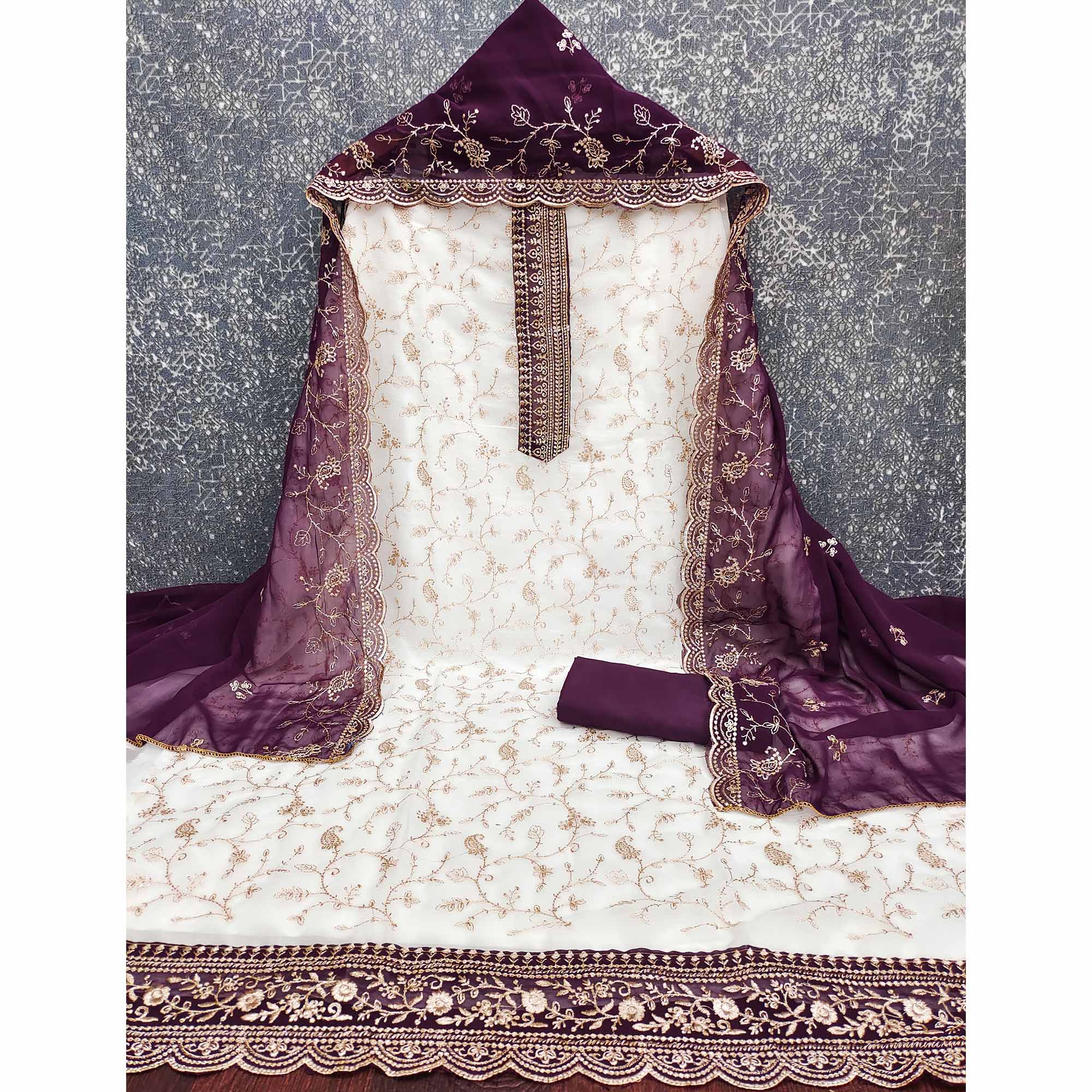 White & Wine Georgette Dress Material Showcasing Elegant Floral Thread Embroidery Work
