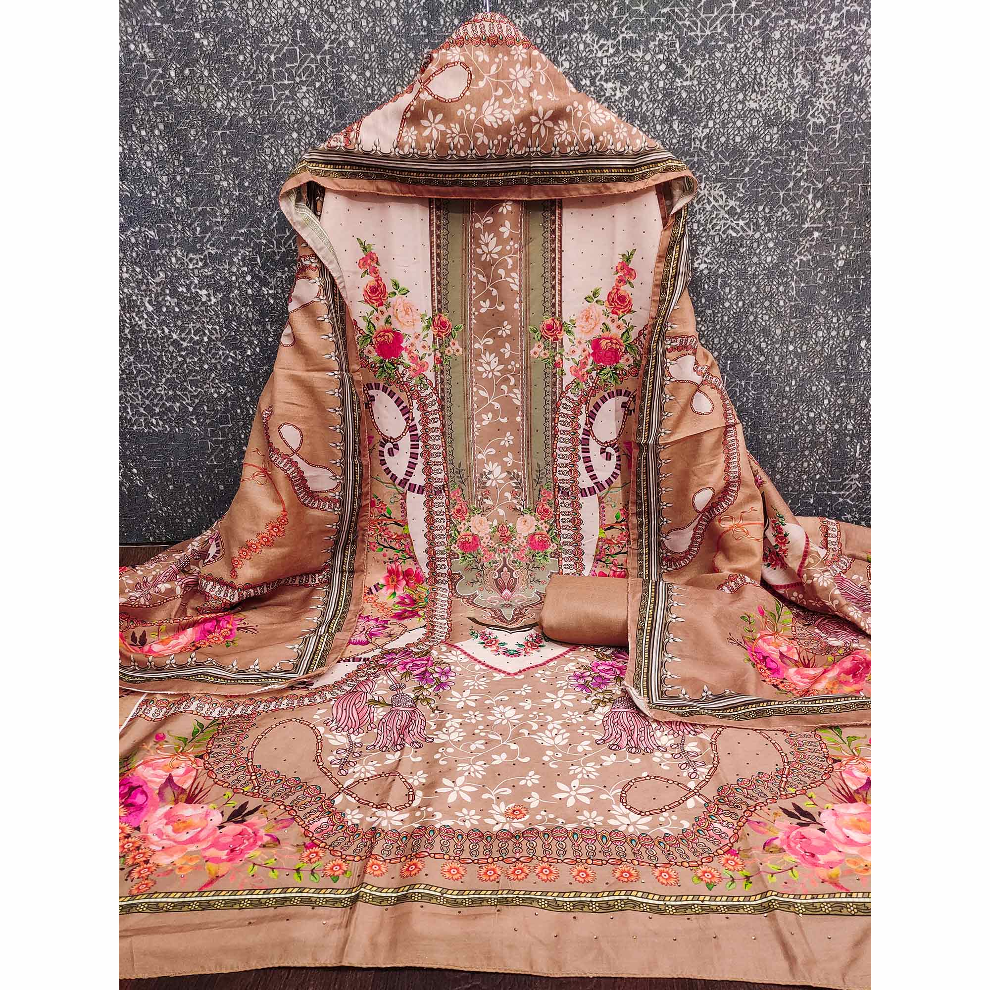 Dusty Orange Muslin Dress Material Featuring Elegant Floral Digital Print With Swarovski Work