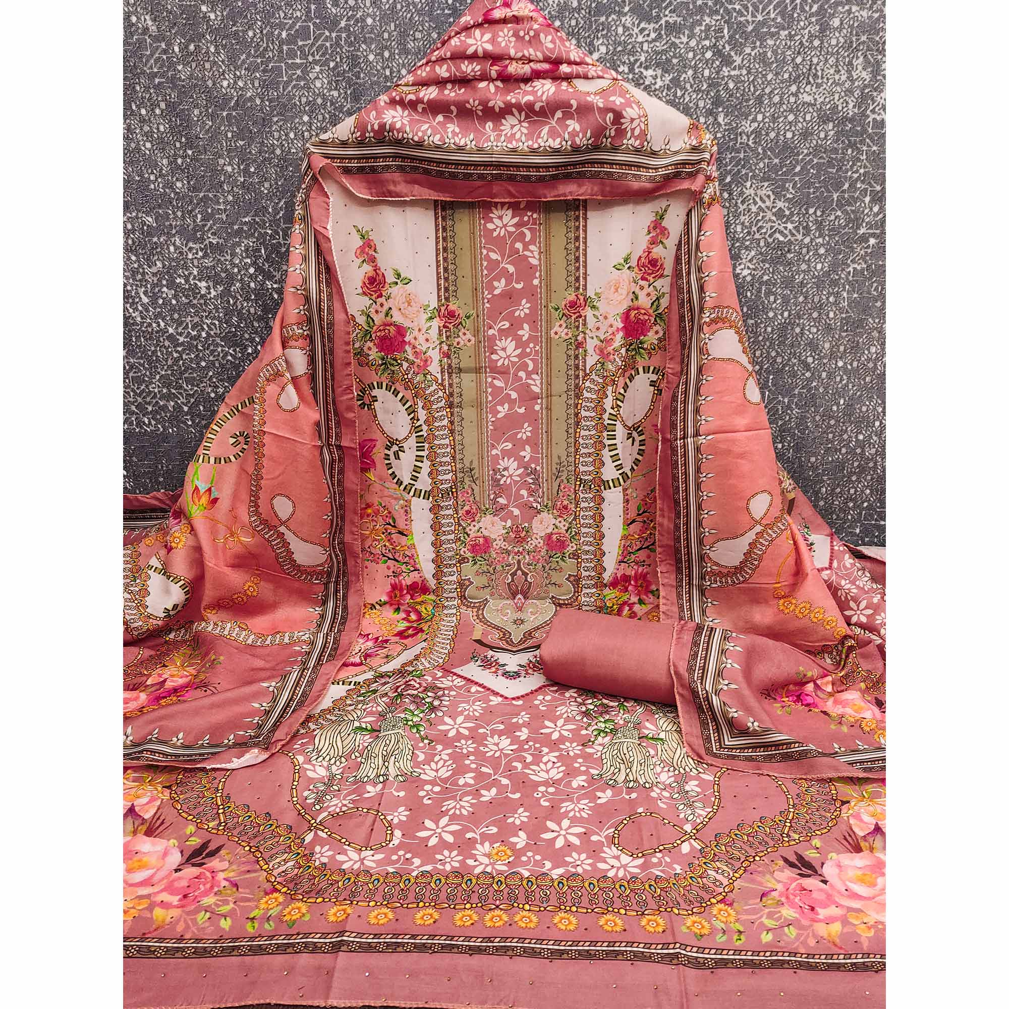 Gajari Pink Muslin Dress Material Featuring Elegant Floral Digital Print With Swarovski Work
