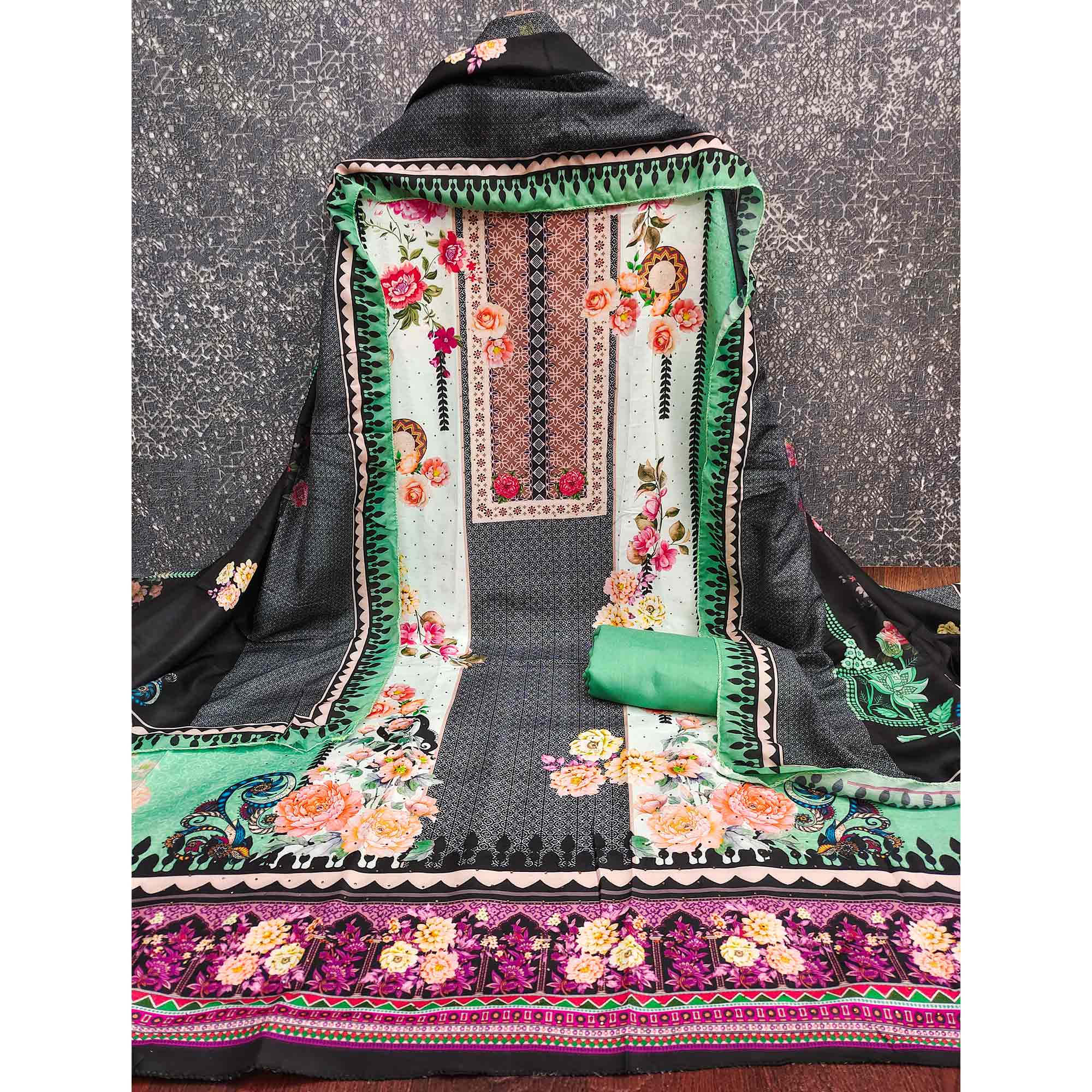 Charming Green Floral Digital Printed Muslin Dress Material With Subtle Swarovski Work