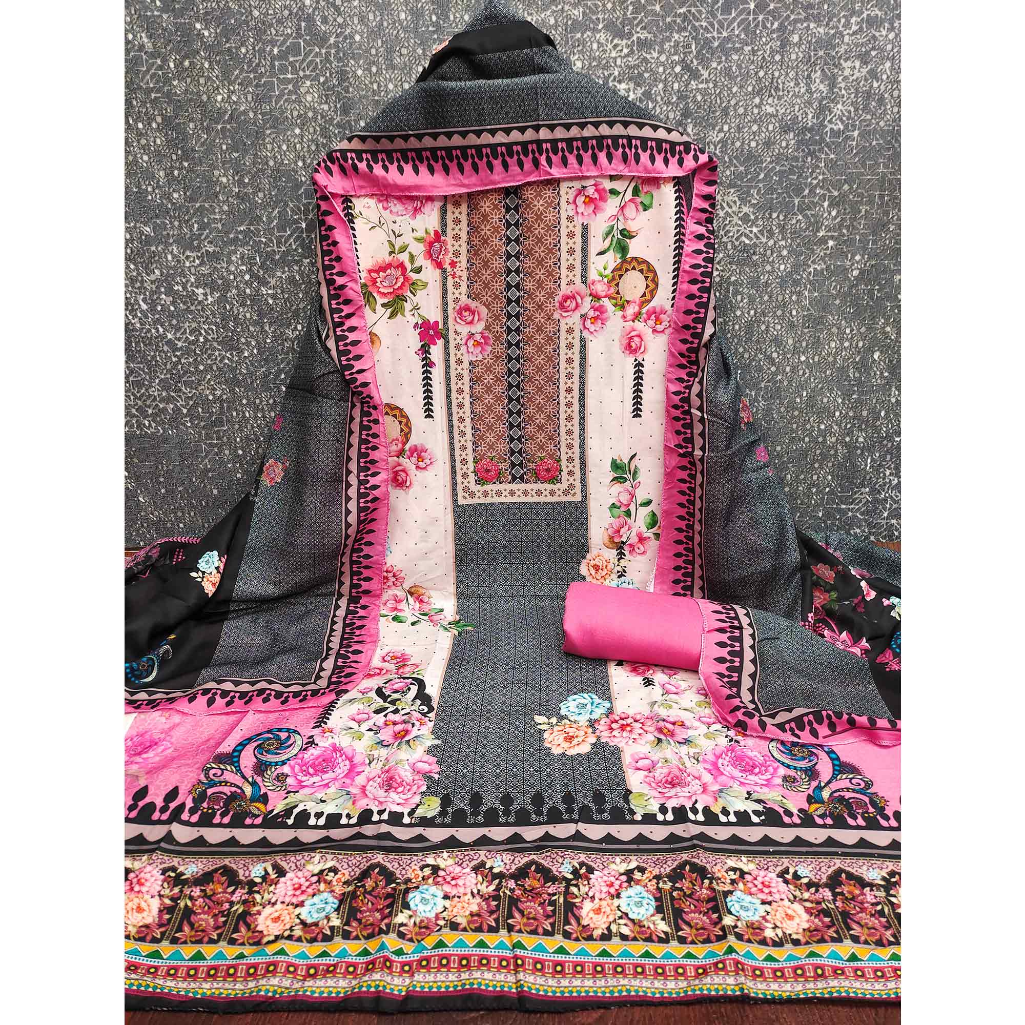 Charming Pink Floral Digital Printed Muslin Dress Material With Subtle Swarovski Work