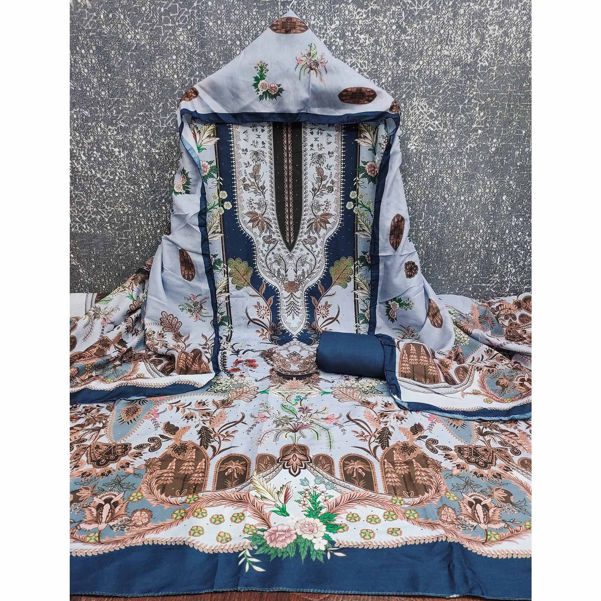 Grey Floral Digital Printed Muslin Dress Material Enhanced With Shimmering Swarovski Work