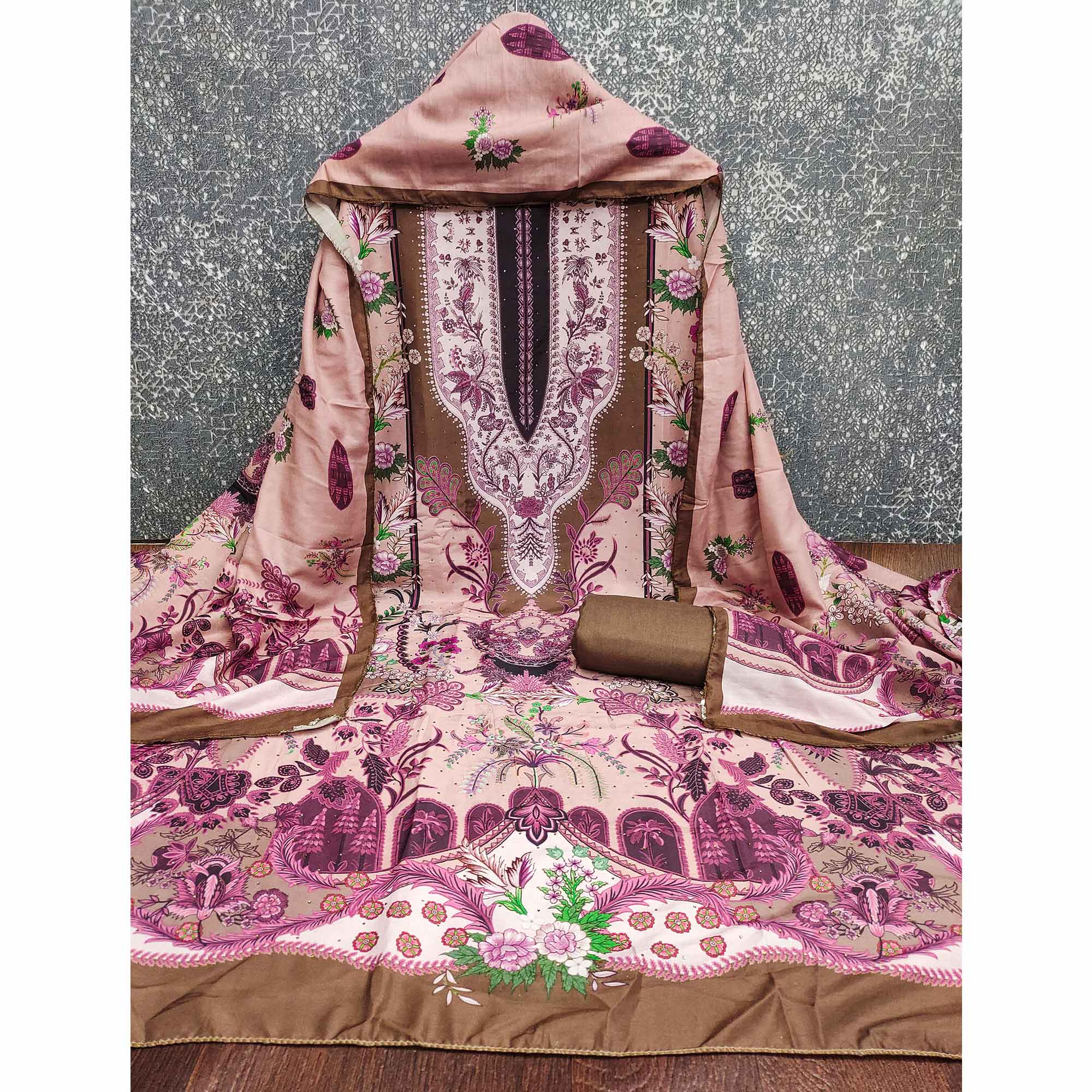 Peach Floral Digital Printed Muslin Dress Material Enhanced With Shimmering Swarovski Work