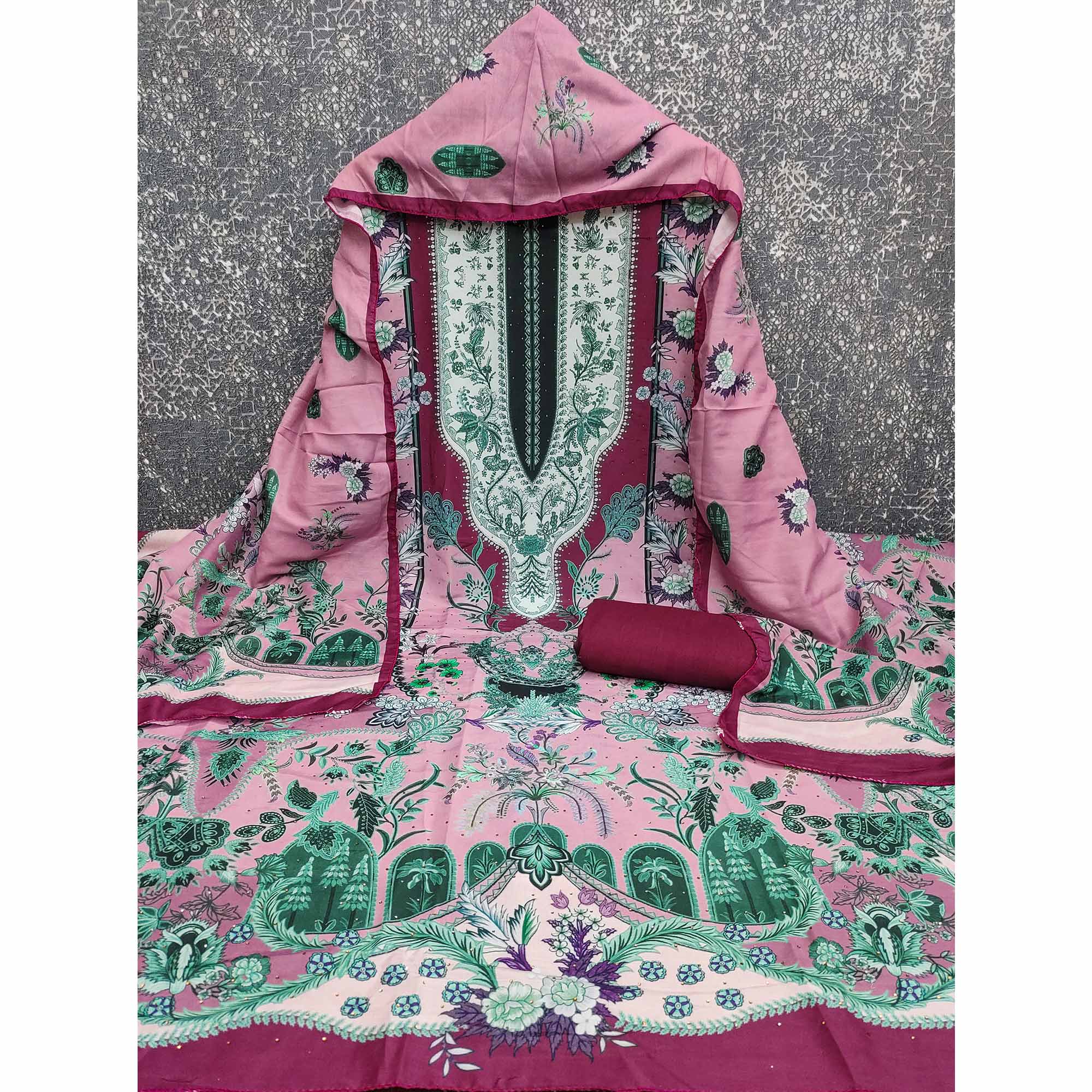 Pink Floral Digital Printed Muslin Dress Material Enhanced With Shimmering Swarovski Work