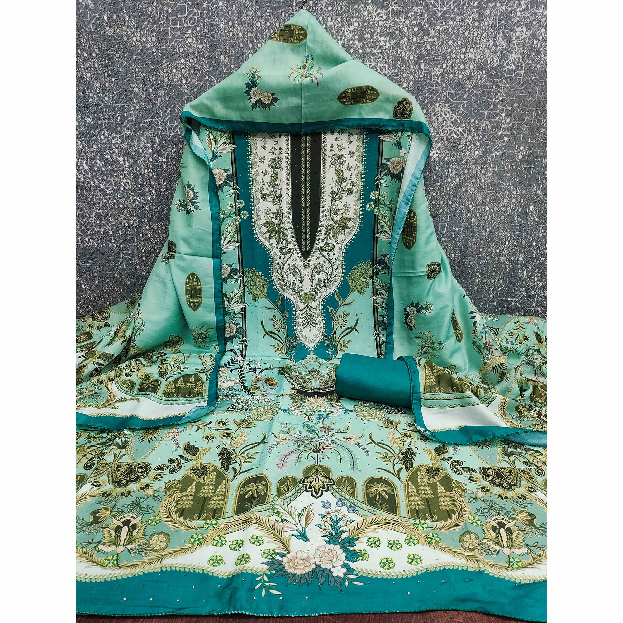 Turquoise Floral Digital Printed Muslin Dress Material Enhanced With Shimmering Swarovski Work