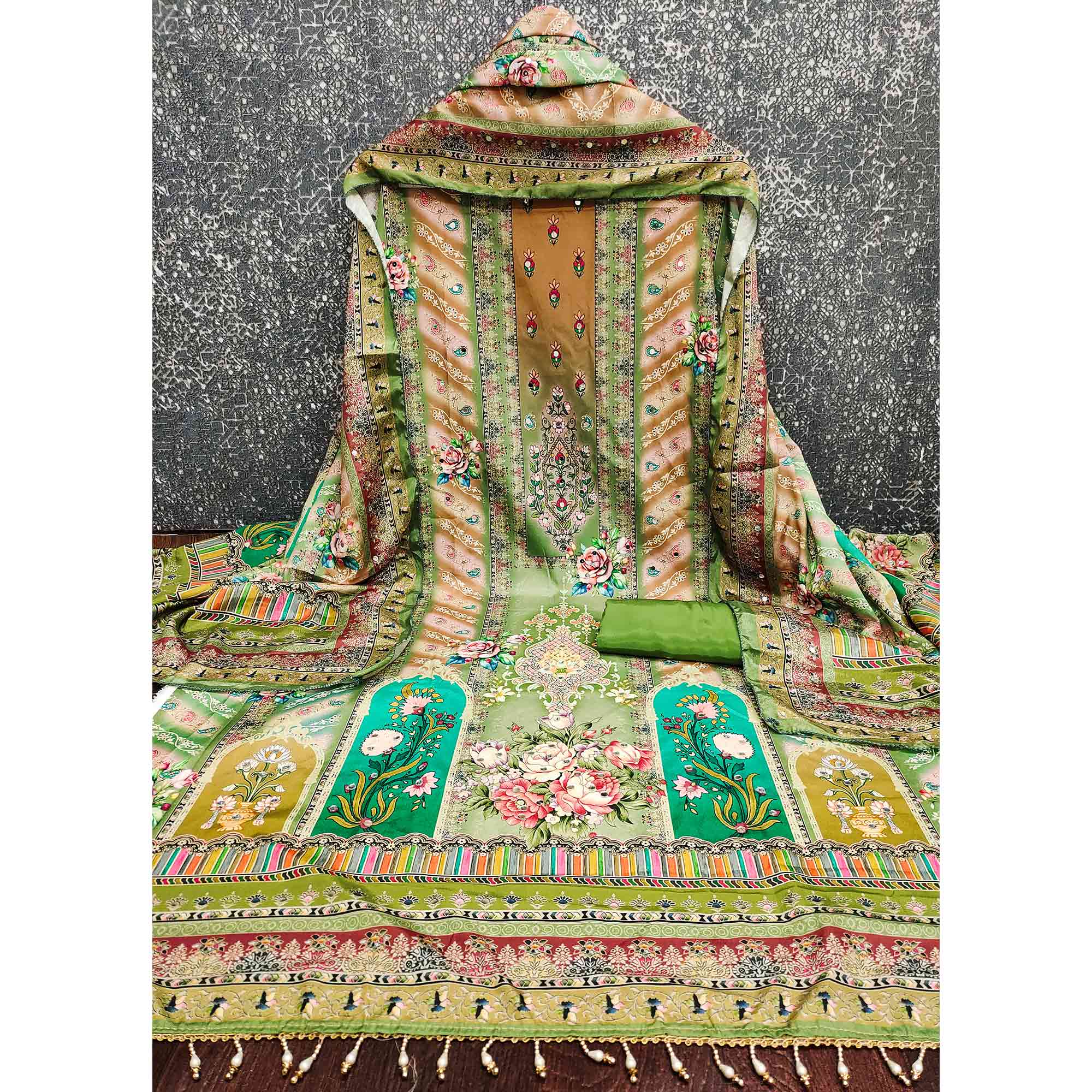 Green Muslin Dress Material Featuring Graceful Floral Digital Print Embellished With Mirror Work