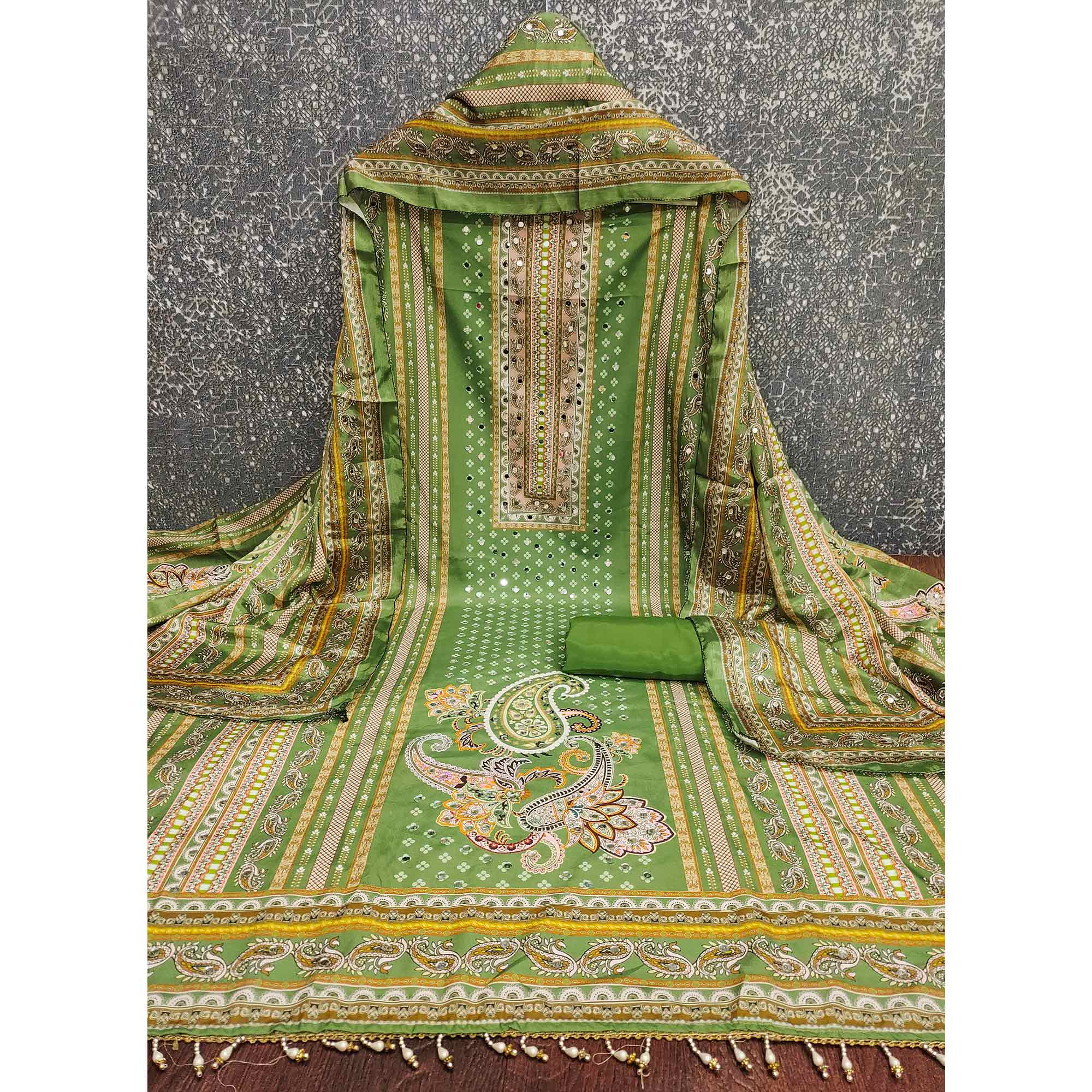 Soothing Green Floral Digital Printed Dress Material Crafted From Muslin With Mirror Work