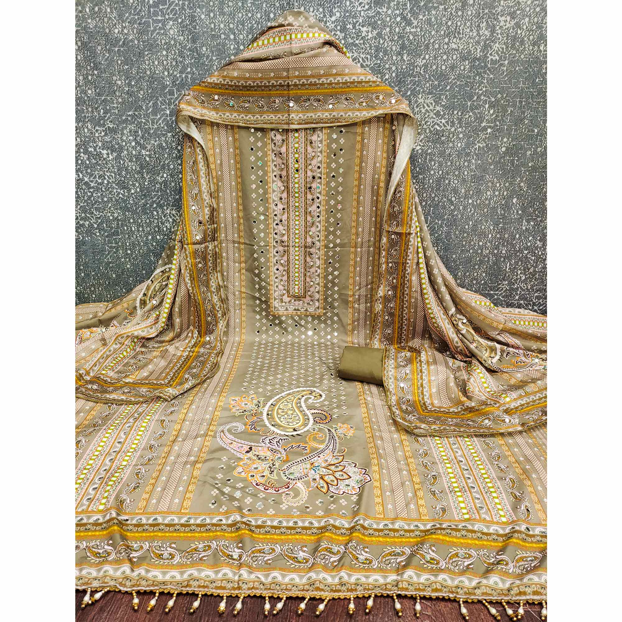 Soothing Mehendi Green Floral Digital Printed Dress Material Crafted From Muslin With Mirror Work