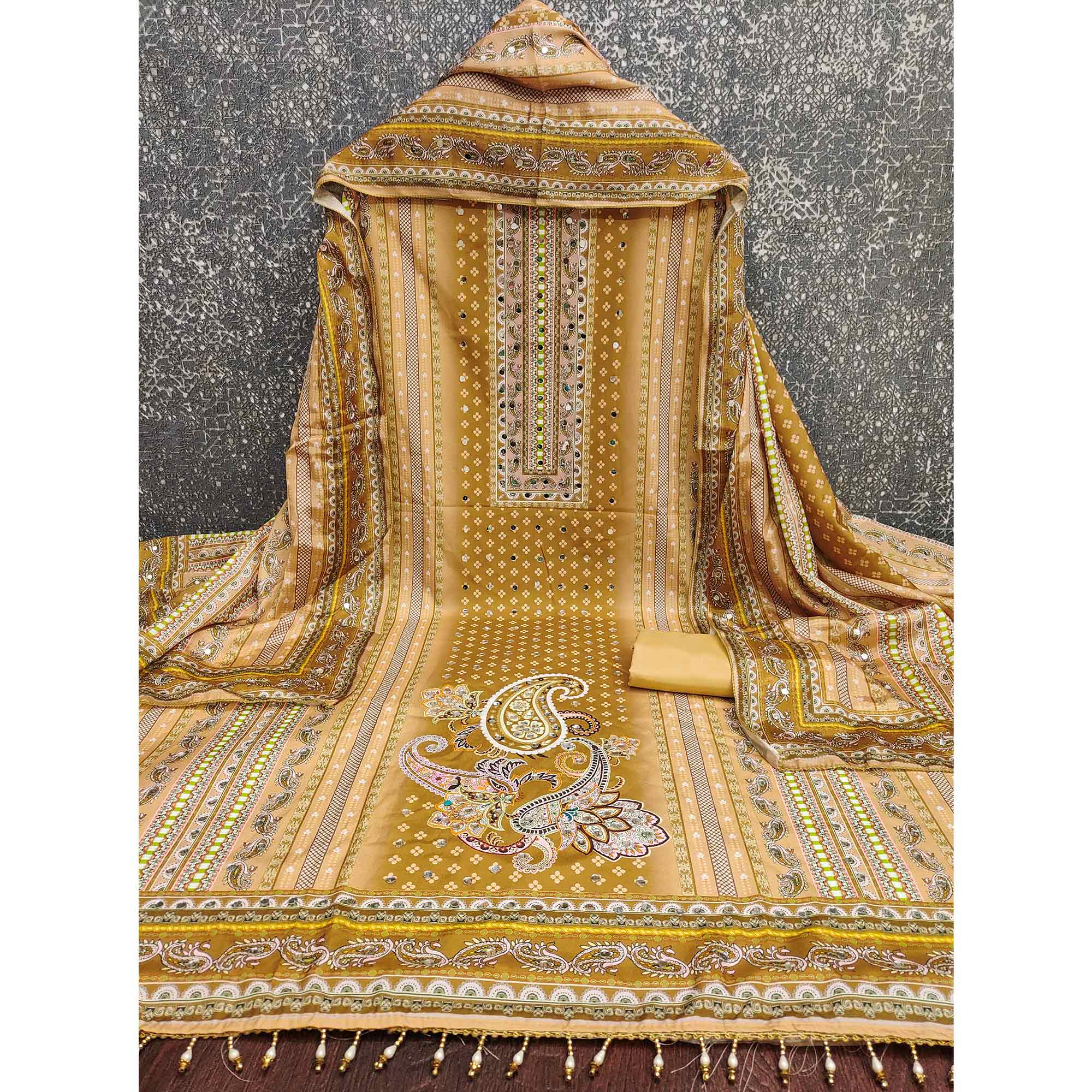 Soothing Mustard Floral Digital Printed Dress Material Crafted From Muslin With Mirror Work