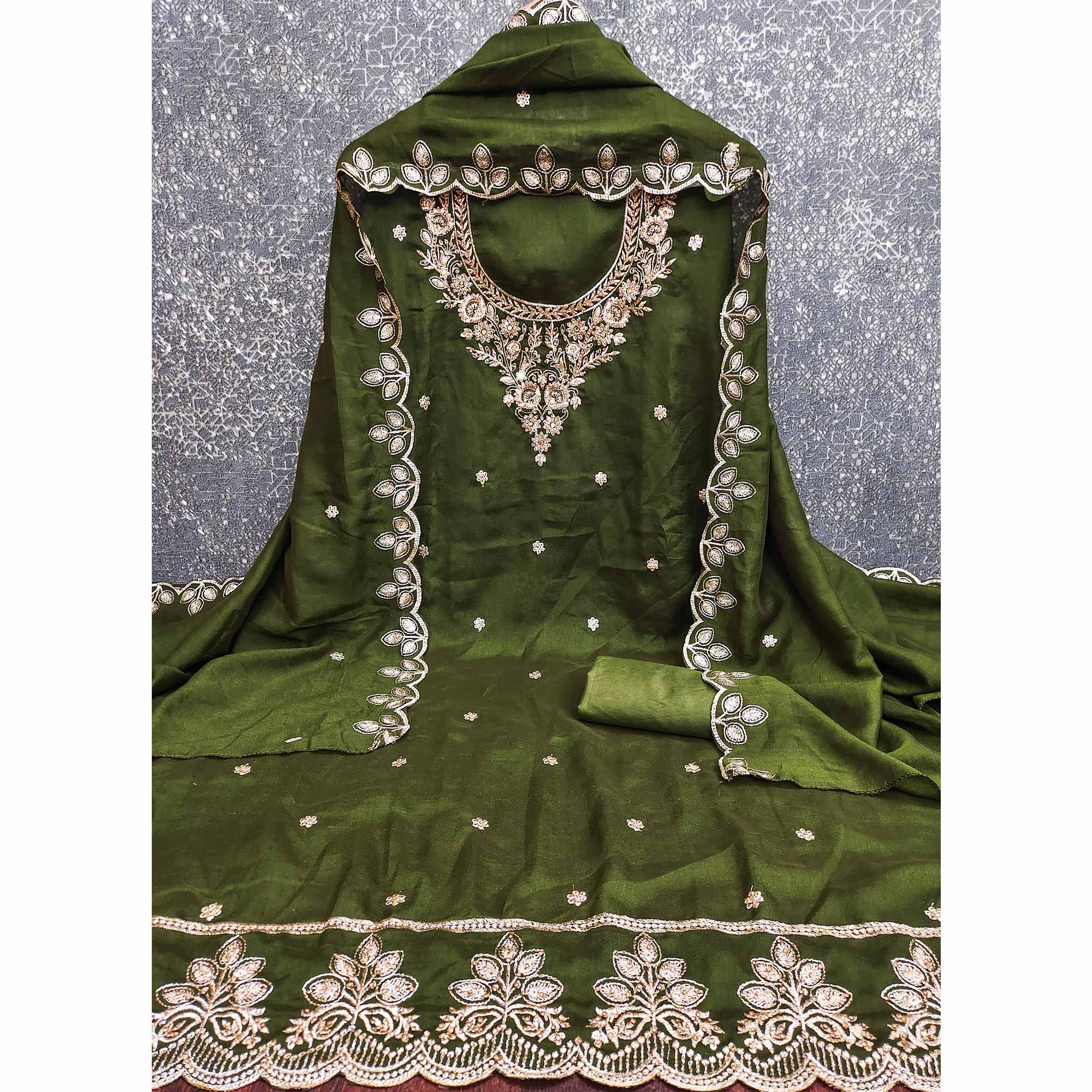Graceful Green Floral Embroidered Vichitra Silk Dress Material Enhanced With Diamond Work