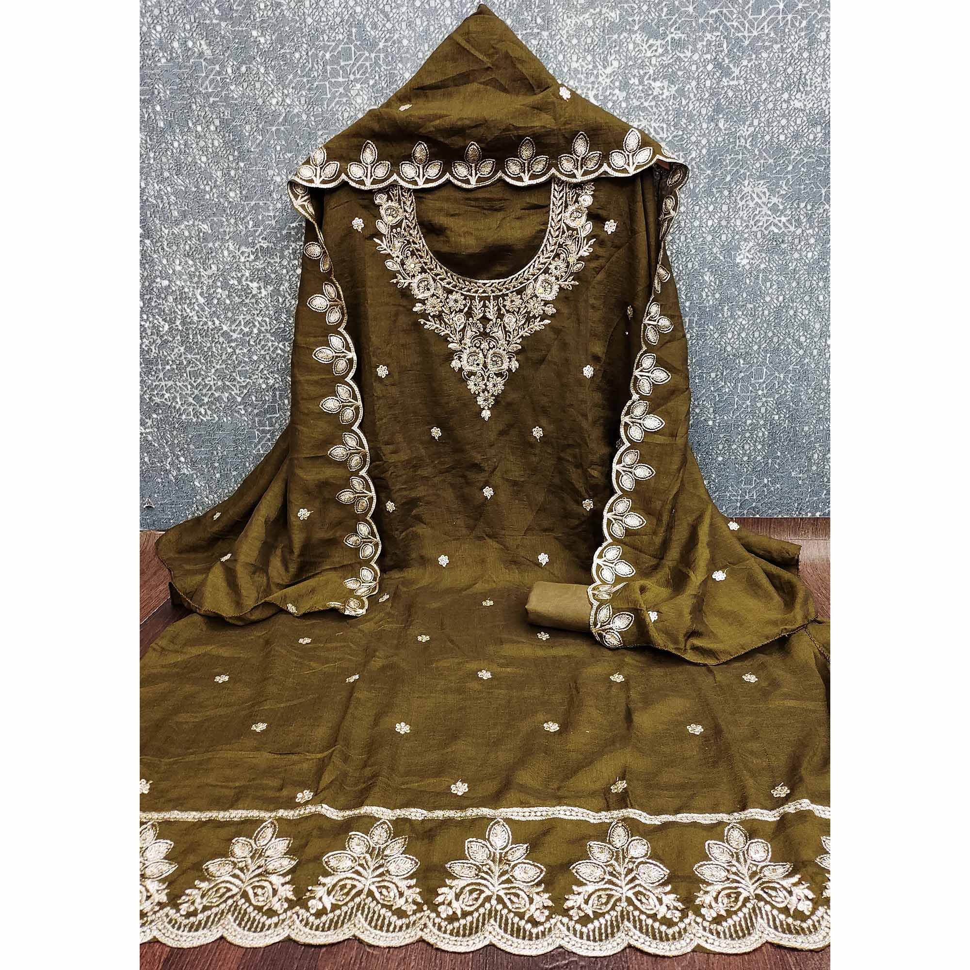 Graceful Mehendi Green Floral Embroidered Vichitra Silk Dress Material Enhanced With Diamond Work