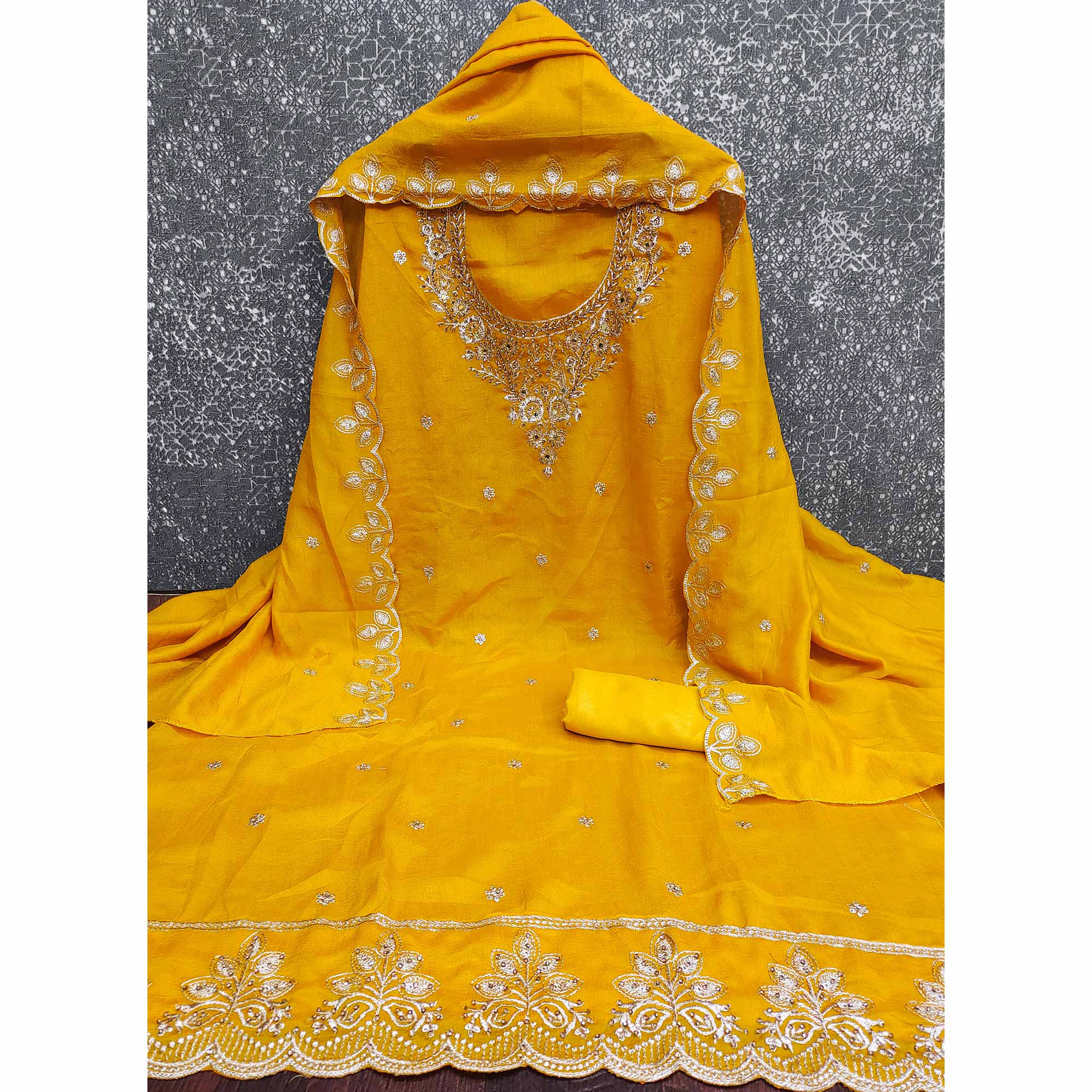 Graceful Mustard Floral Embroidered Vichitra Silk Dress Material Enhanced With Diamond Work