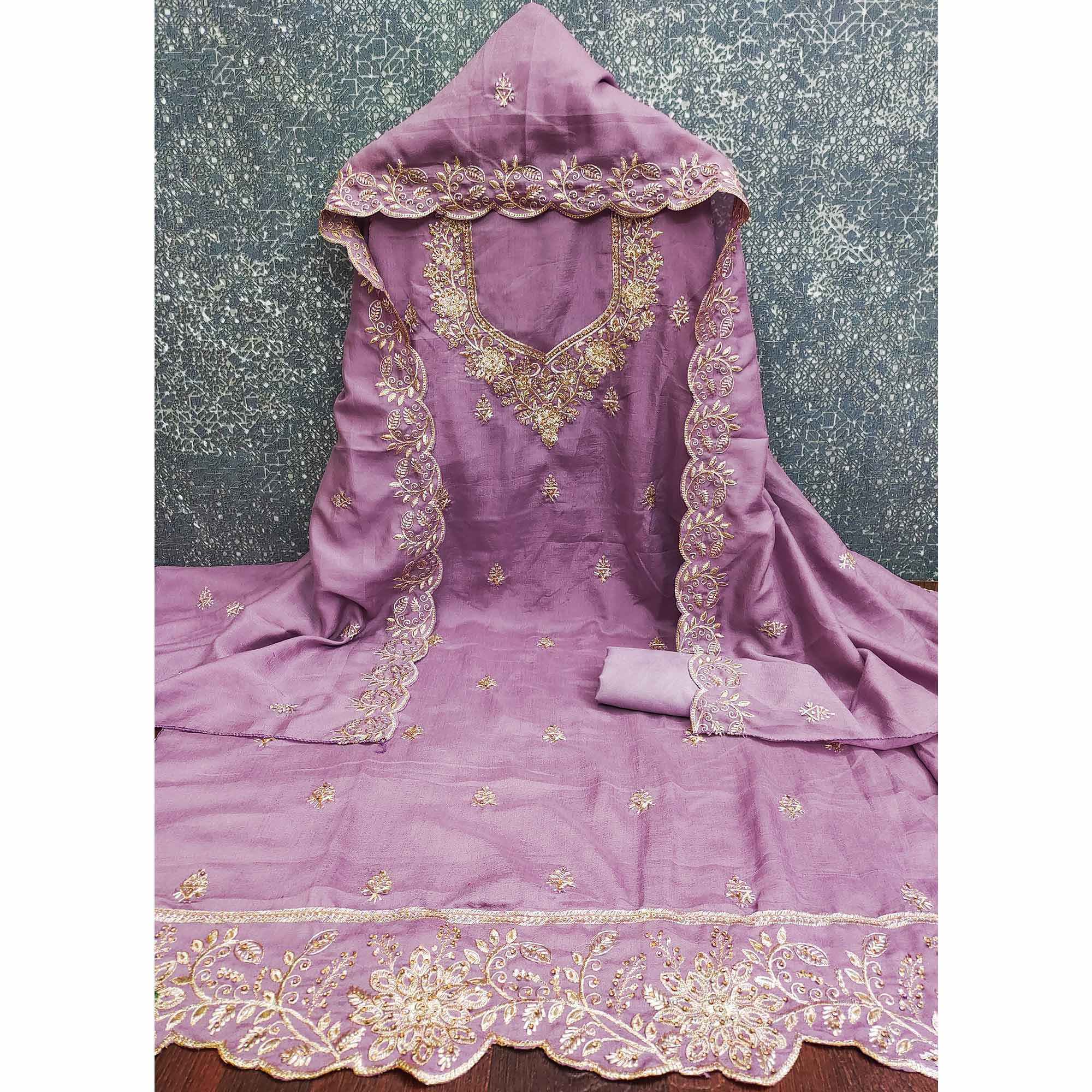 Graceful Lavender Floral Embroidered Vichitra Silk Dress Material Enhanced With Diamond Work