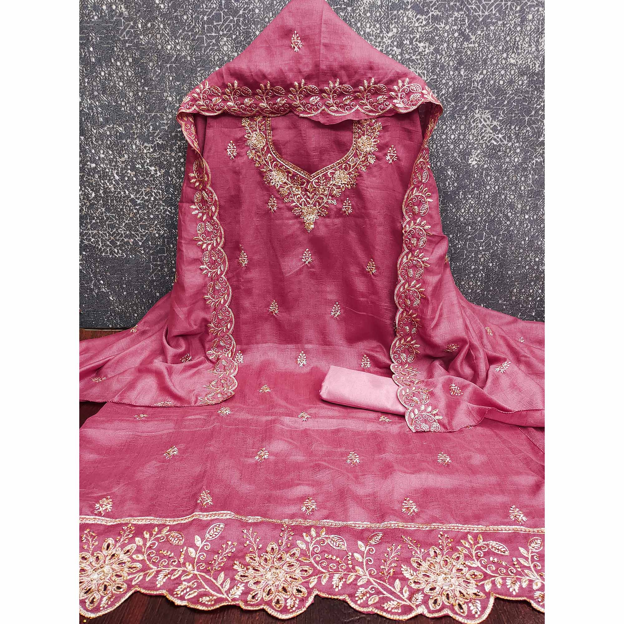 Graceful Pink Floral Embroidered Vichitra Silk Dress Material Enhanced With Diamond Work