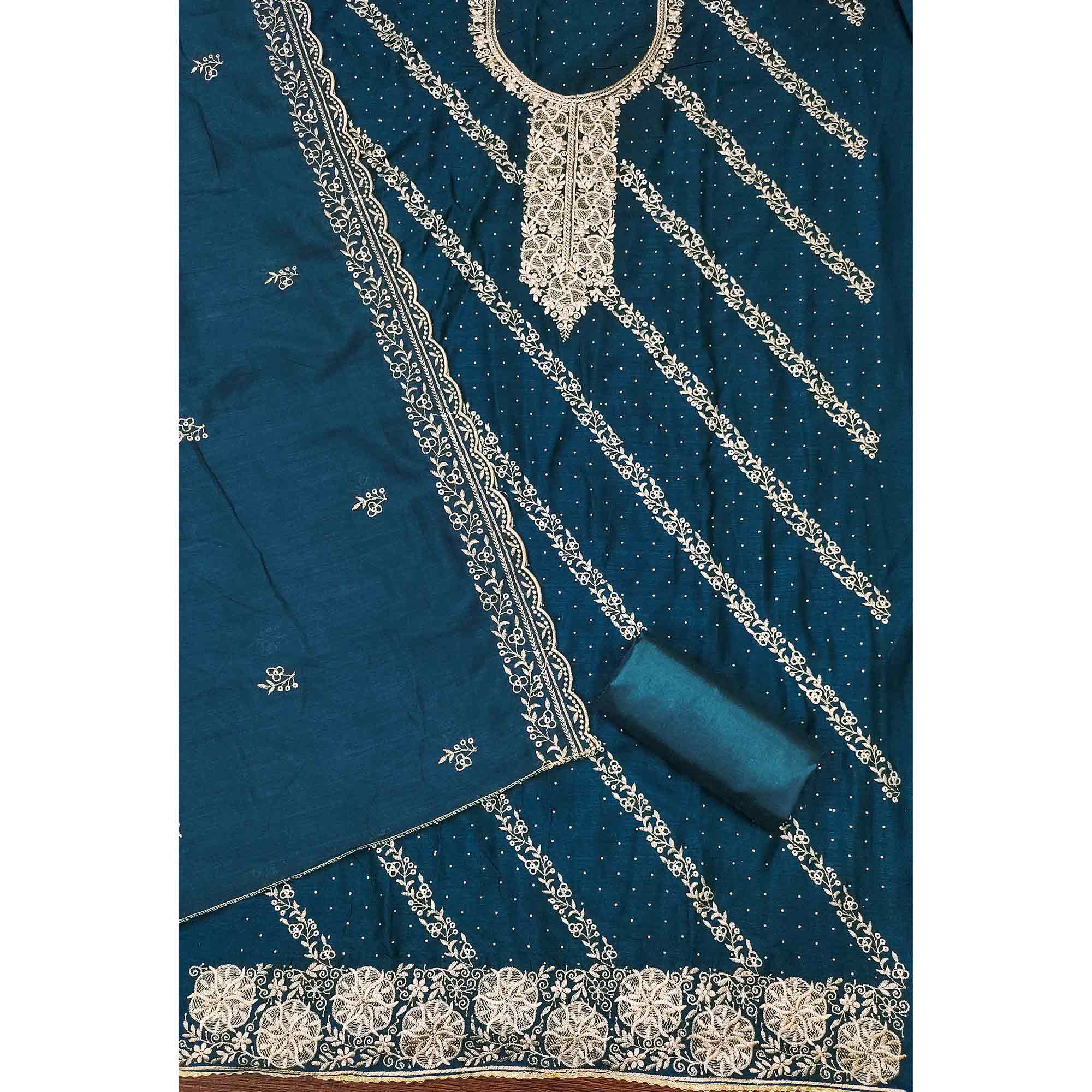 Graceful Blue Floral Embroidered Vichitra Silk Dress Material Enhanced With Sparkling Swarovski