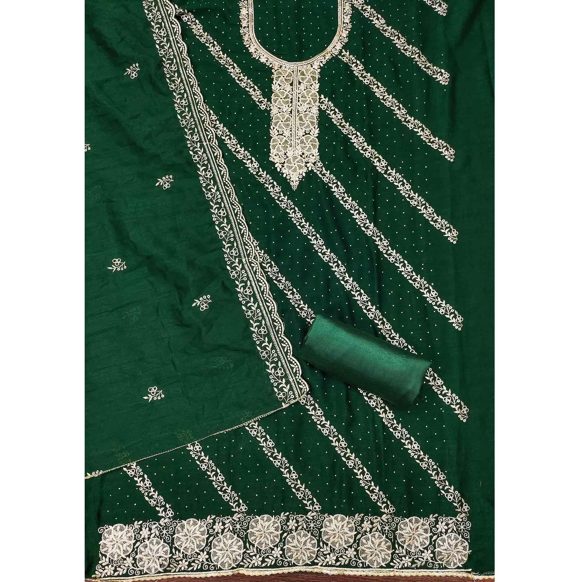 Graceful Green Floral Embroidered Vichitra Silk Dress Material Enhanced With Sparkling Swarovski