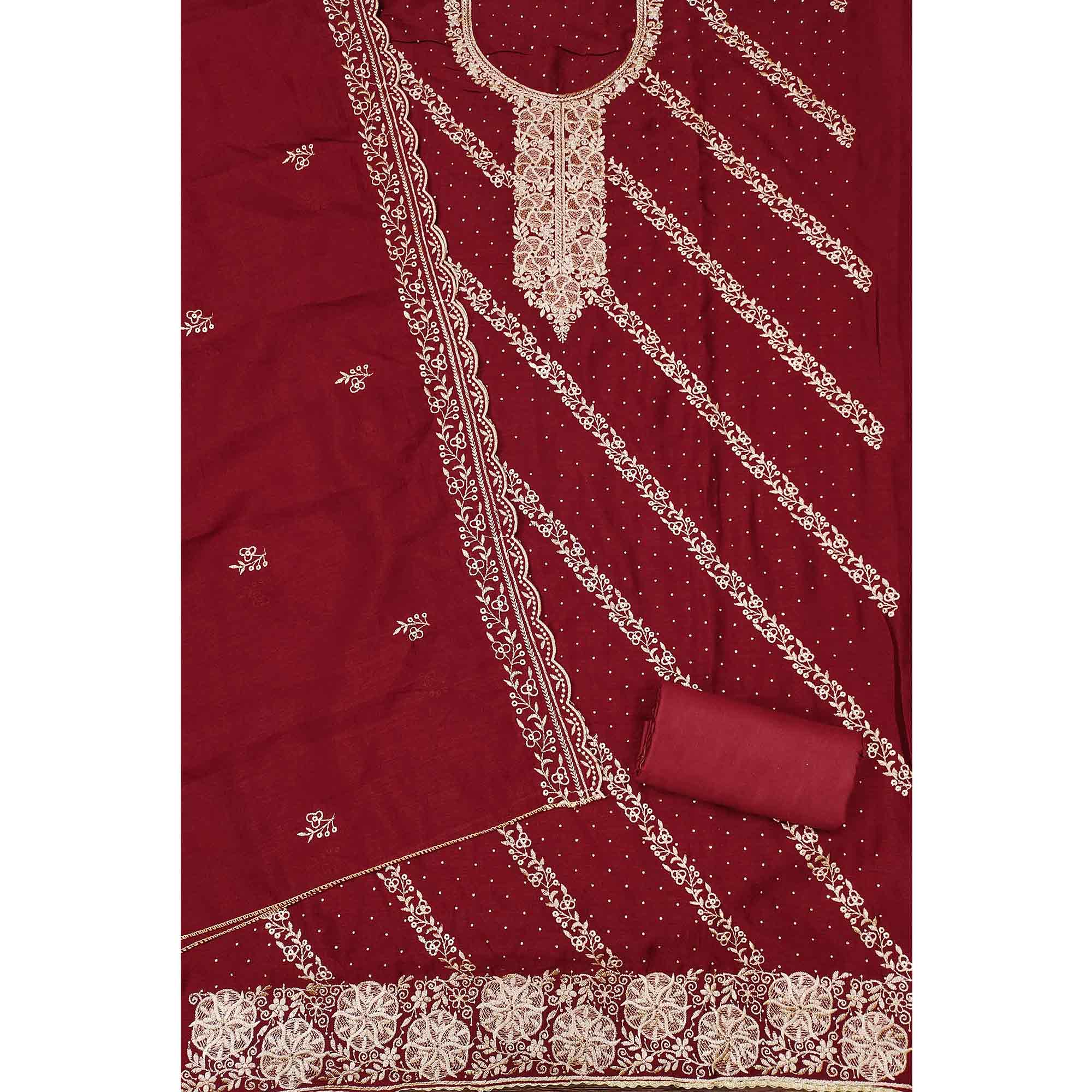 Graceful Maroon Floral Embroidered Vichitra Silk Dress Material Enhanced With Sparkling Swarovski