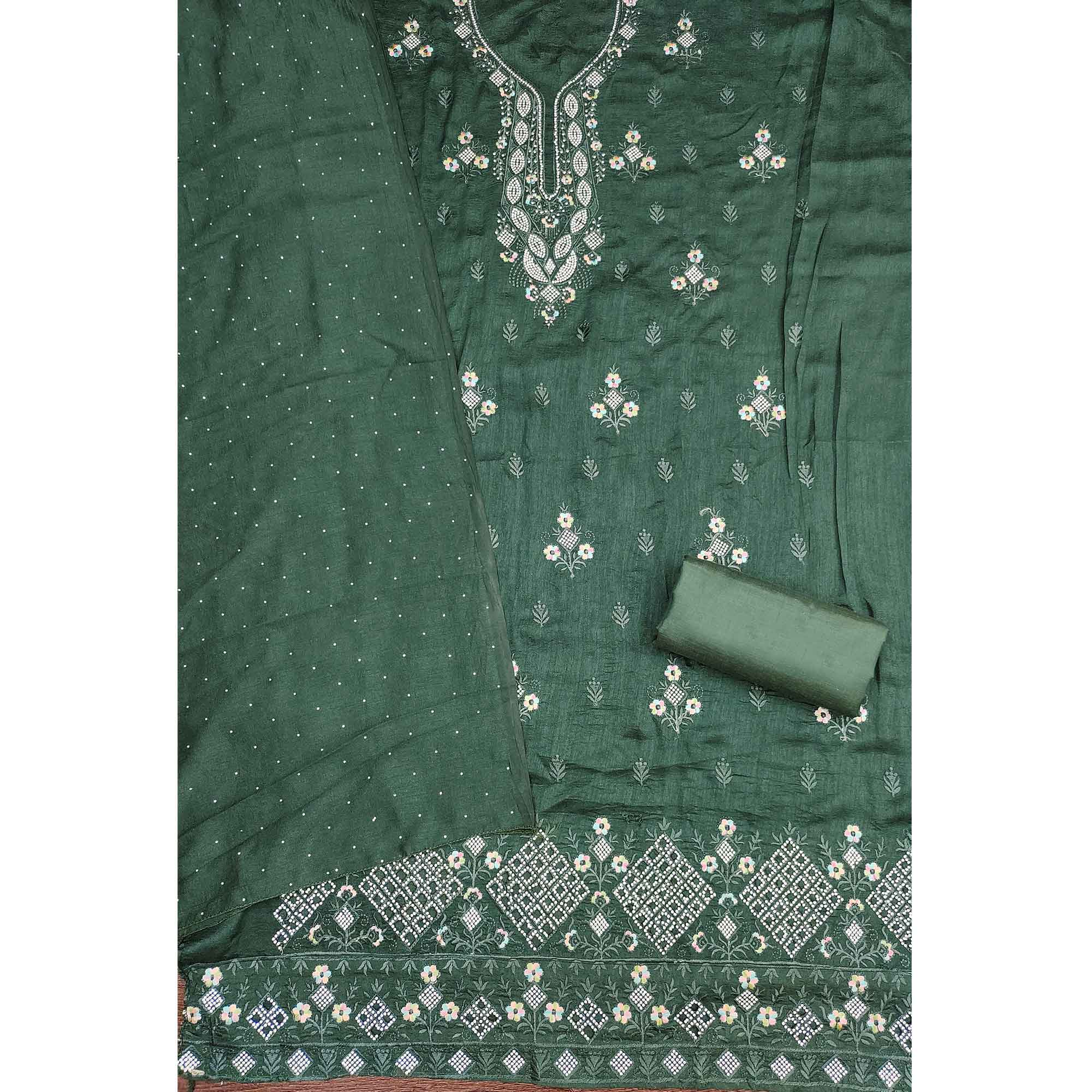 Gorgeous Green Floral Embroidered Vichitra Silk Dress Material Beautified With Swarovski Work