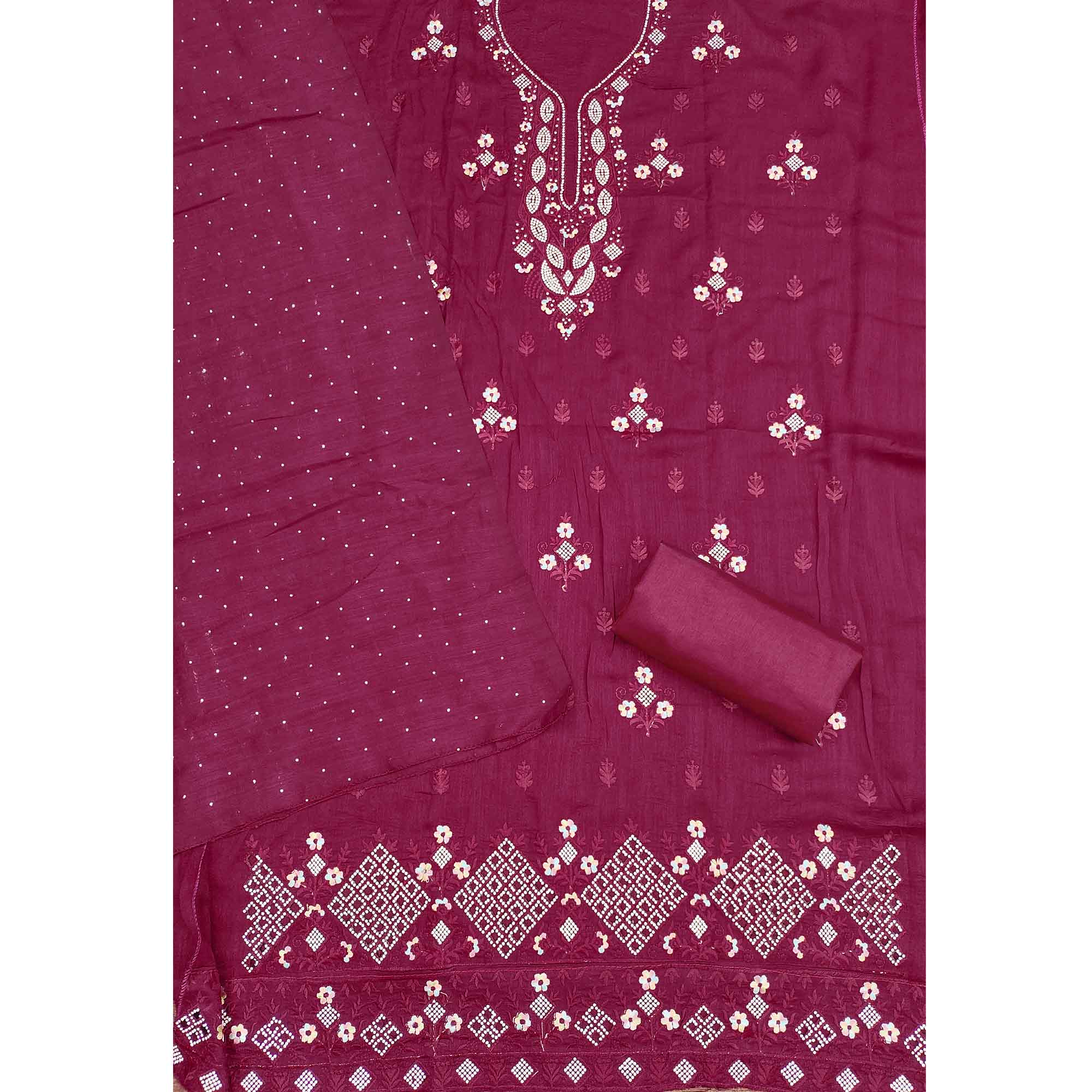 Gorgeous Pink Floral Embroidered Vichitra Silk Dress Material Beautified With Swarovski Work