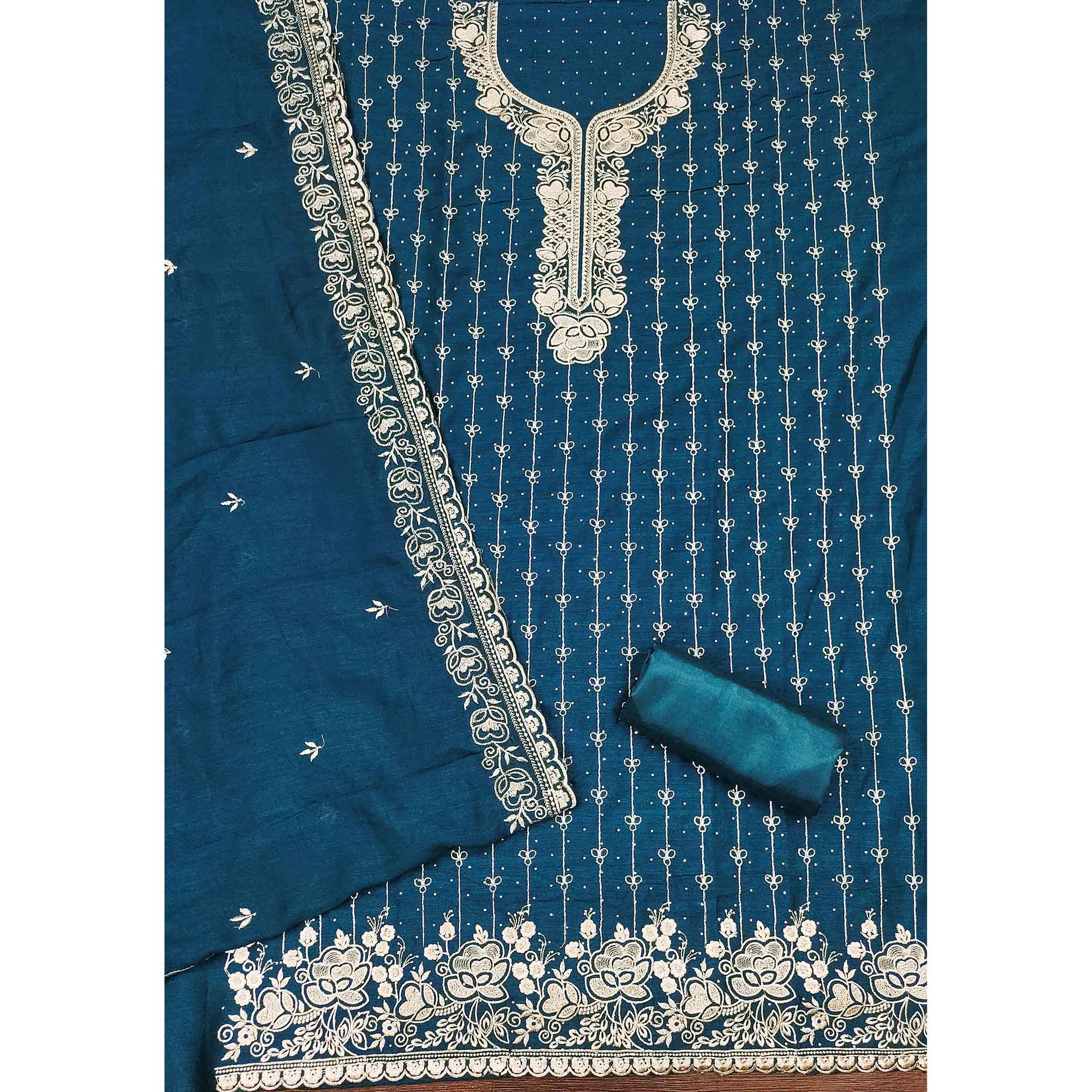 Regal Blue Floral Embroidered Vichitra Silk Dress Material With Dazzling Swarovski Work Detailing