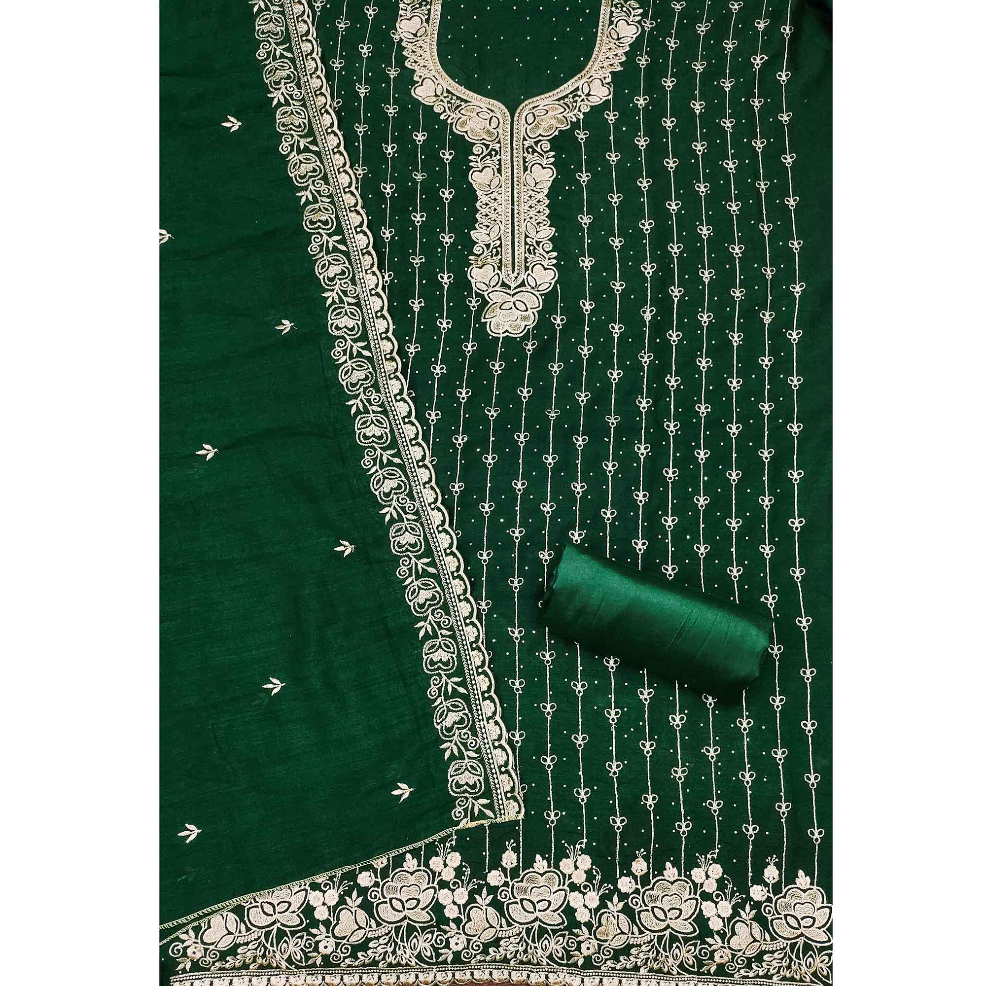 Regal Green Floral Embroidered Vichitra Silk Dress Material With Dazzling Swarovski Work Detailing