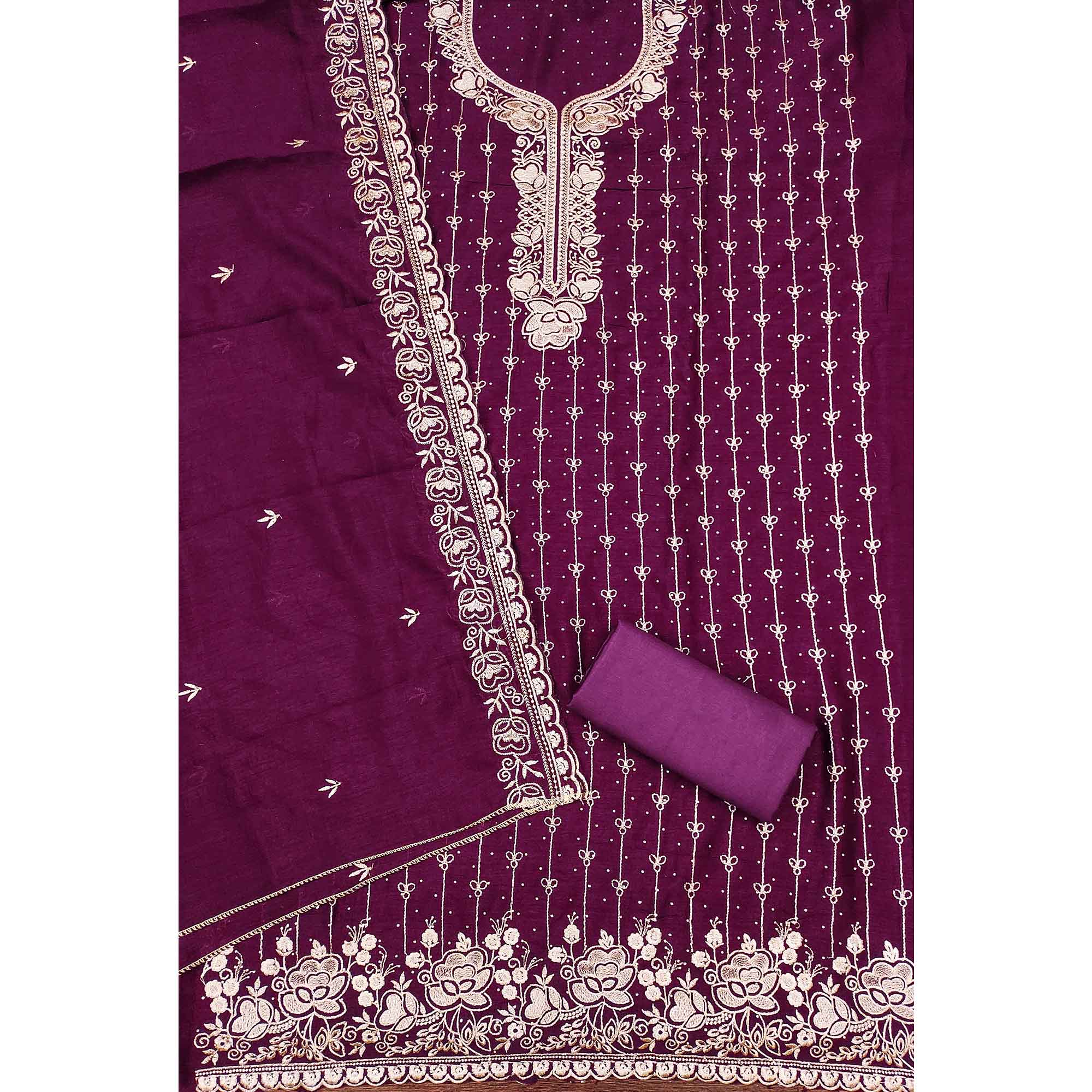 Regal Purple Floral Embroidered Vichitra Silk Dress Material With Dazzling Swarovski Work Detailing