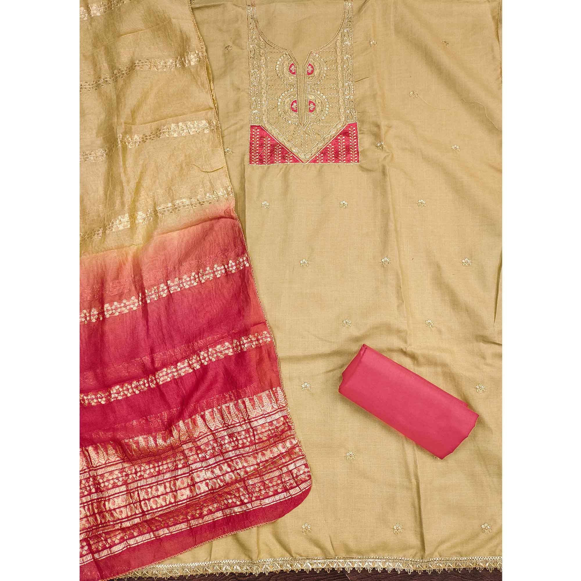 Classic Chikoo Floral Embroidered Cotton Blend Dress Material With Shimmering Sequins Work