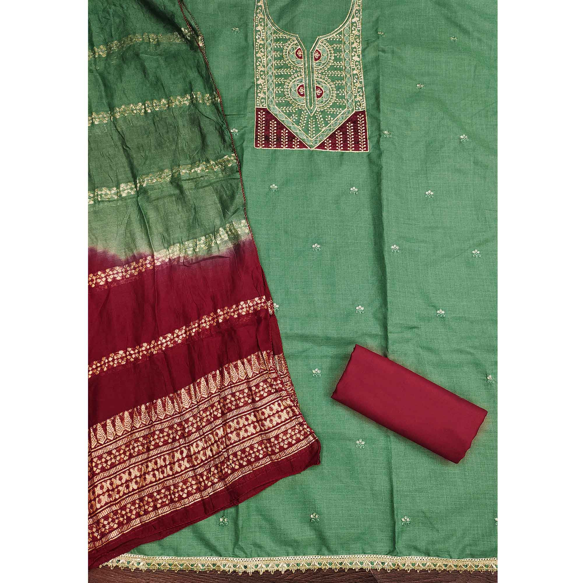 Classic Green Floral Embroidered Cotton Blend Dress Material With Shimmering Sequins Work