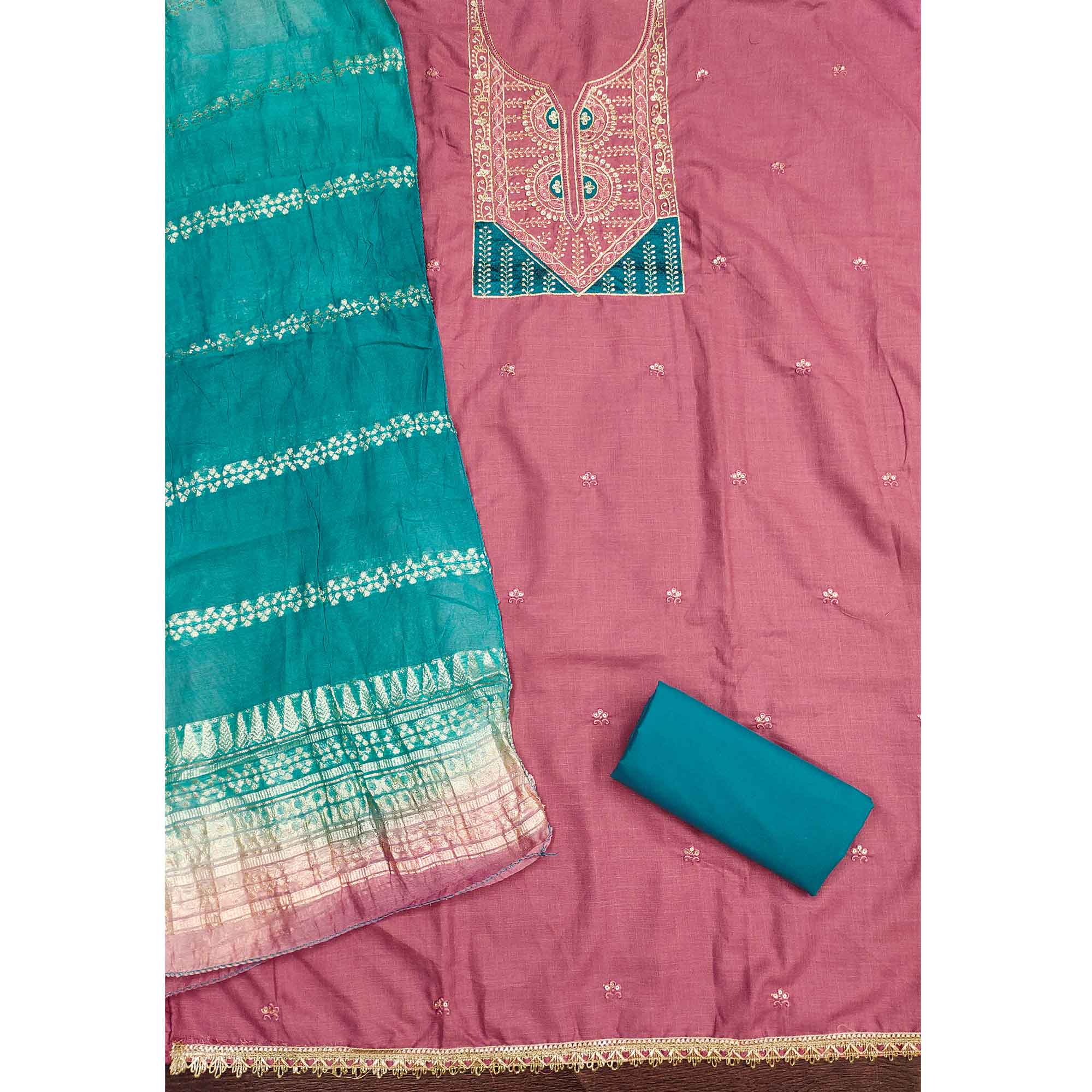 Classic Pink Floral Embroidered Cotton Blend Dress Material With Shimmering Sequins Work