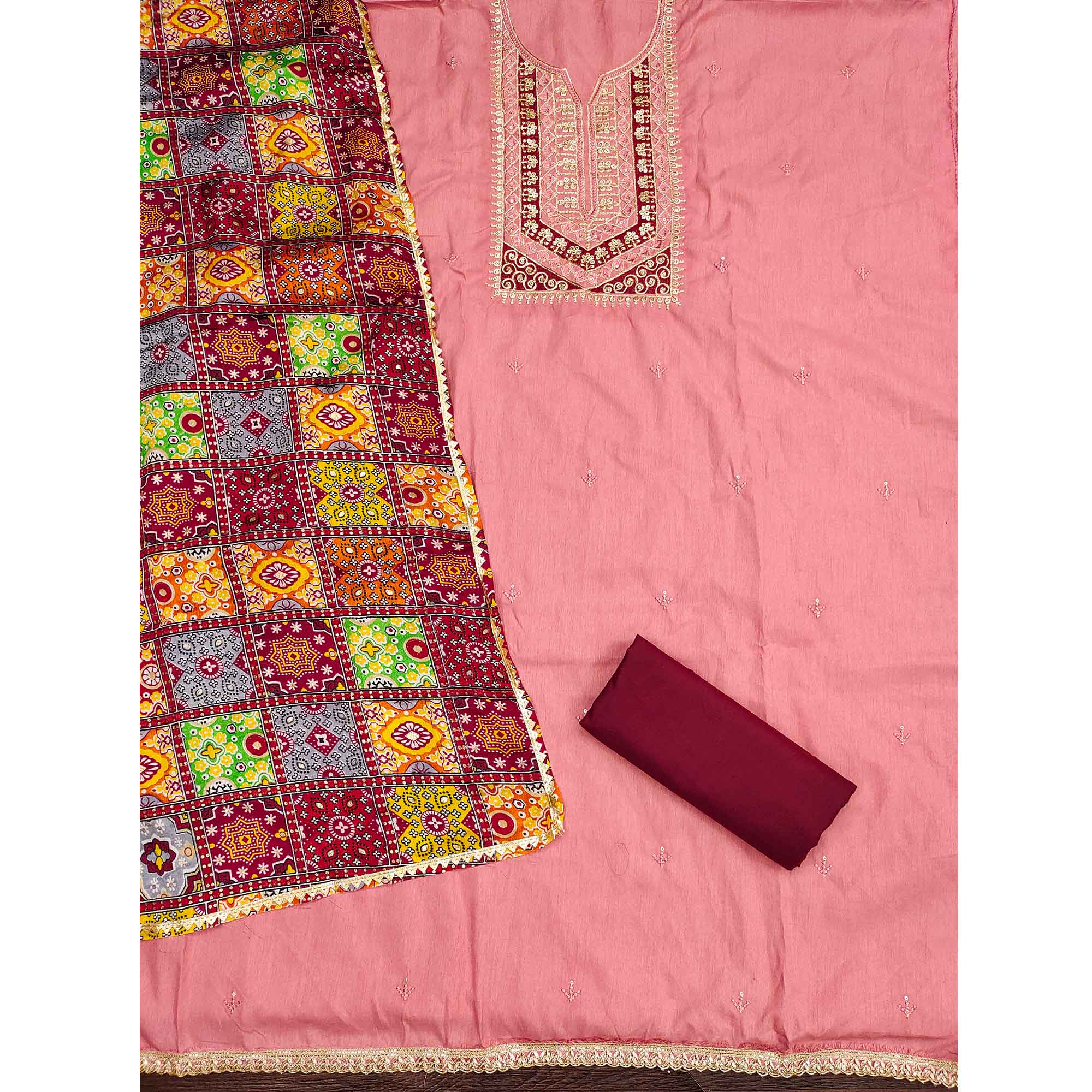 Stylish Pink Cotton Blend Dress Material Enriched With Floral Embroidery & Sequins Work