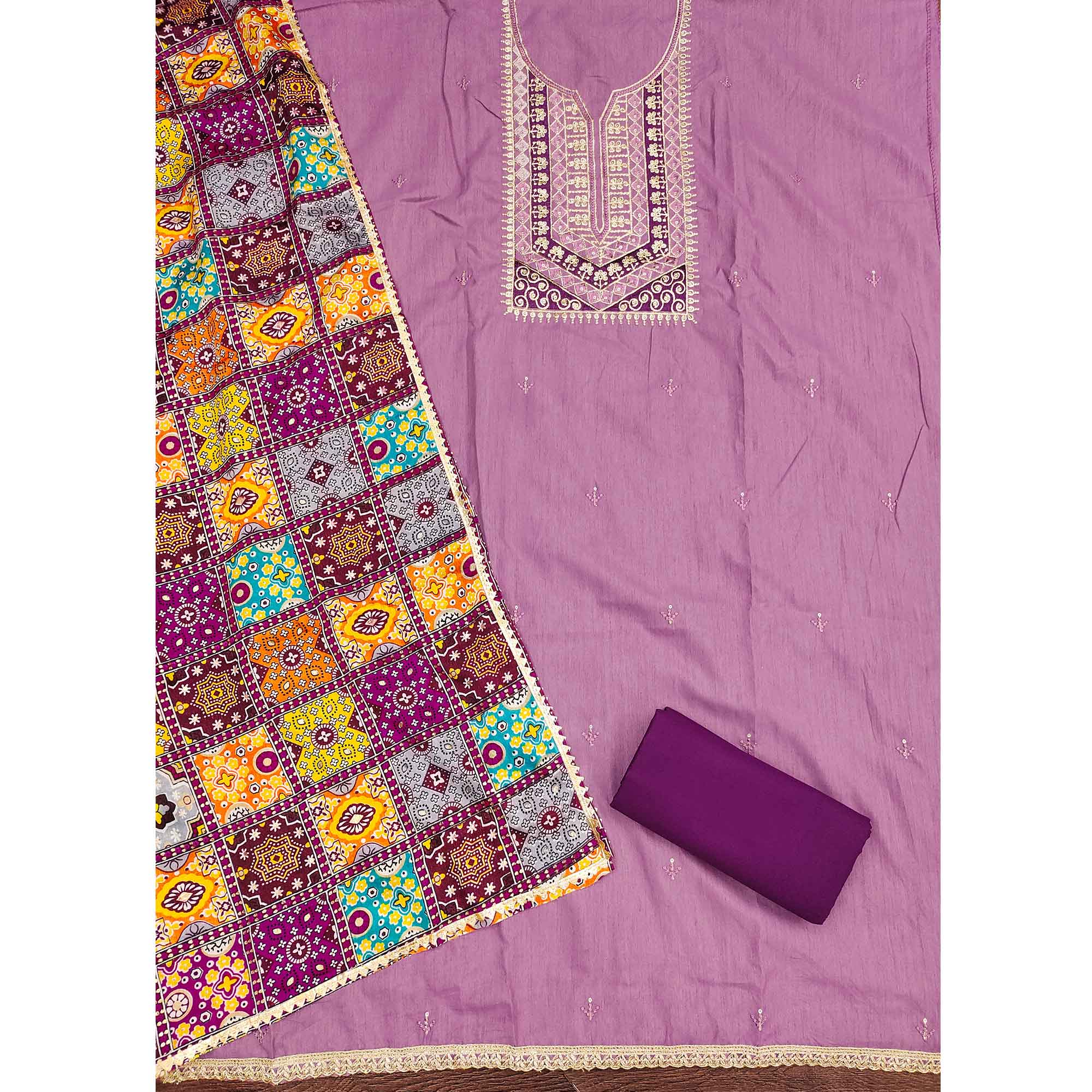 Stylish Purple Cotton Blend Dress Material Enriched With Floral Embroidery & Sequins Work
