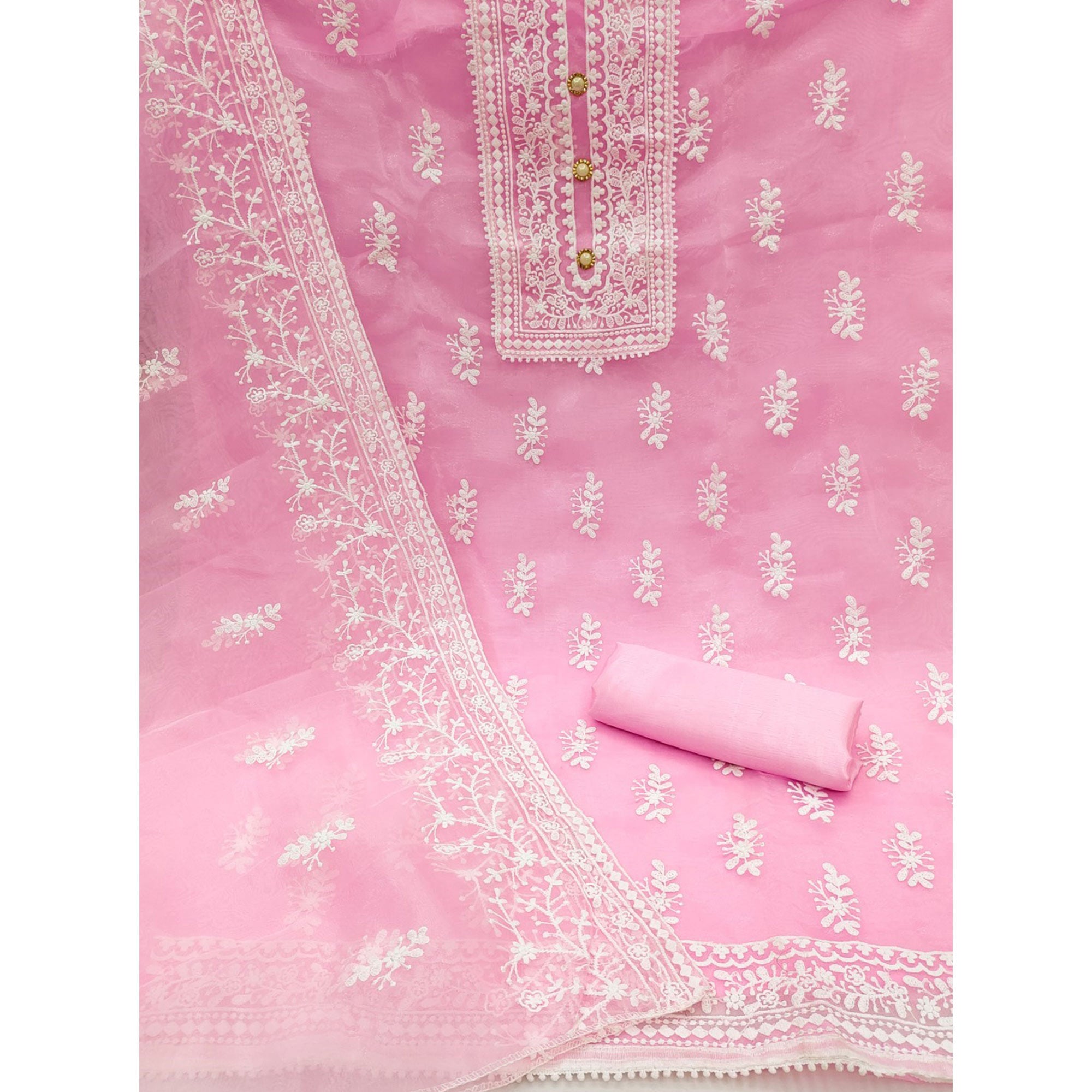Baby Pink Floral Embroidered Organza Dress Material