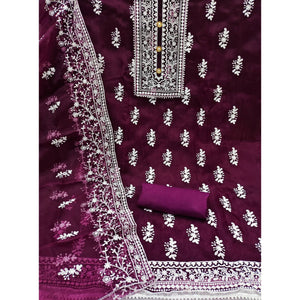 Wine Floral Embroidered Organza Dress Material