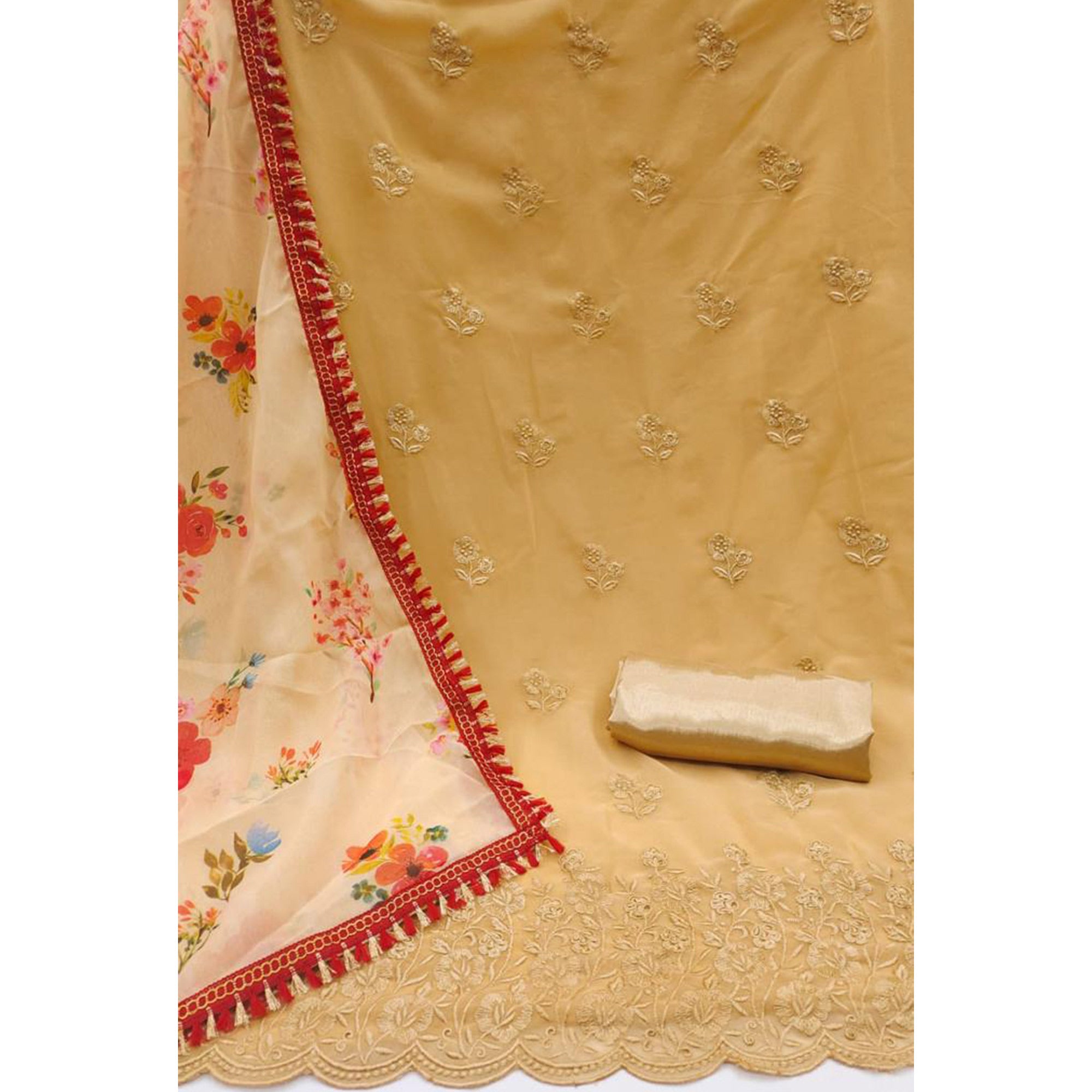 Chikoo Georgette Dress Material With Intricate Floral Thread Embroidery