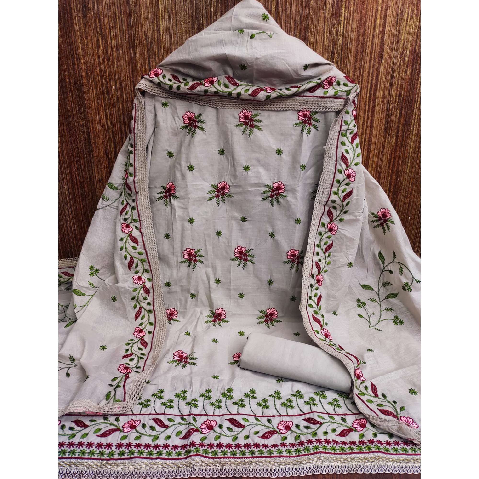 Grey Cotton Blend Dress Material With Delicate Floral Thread Embroidery